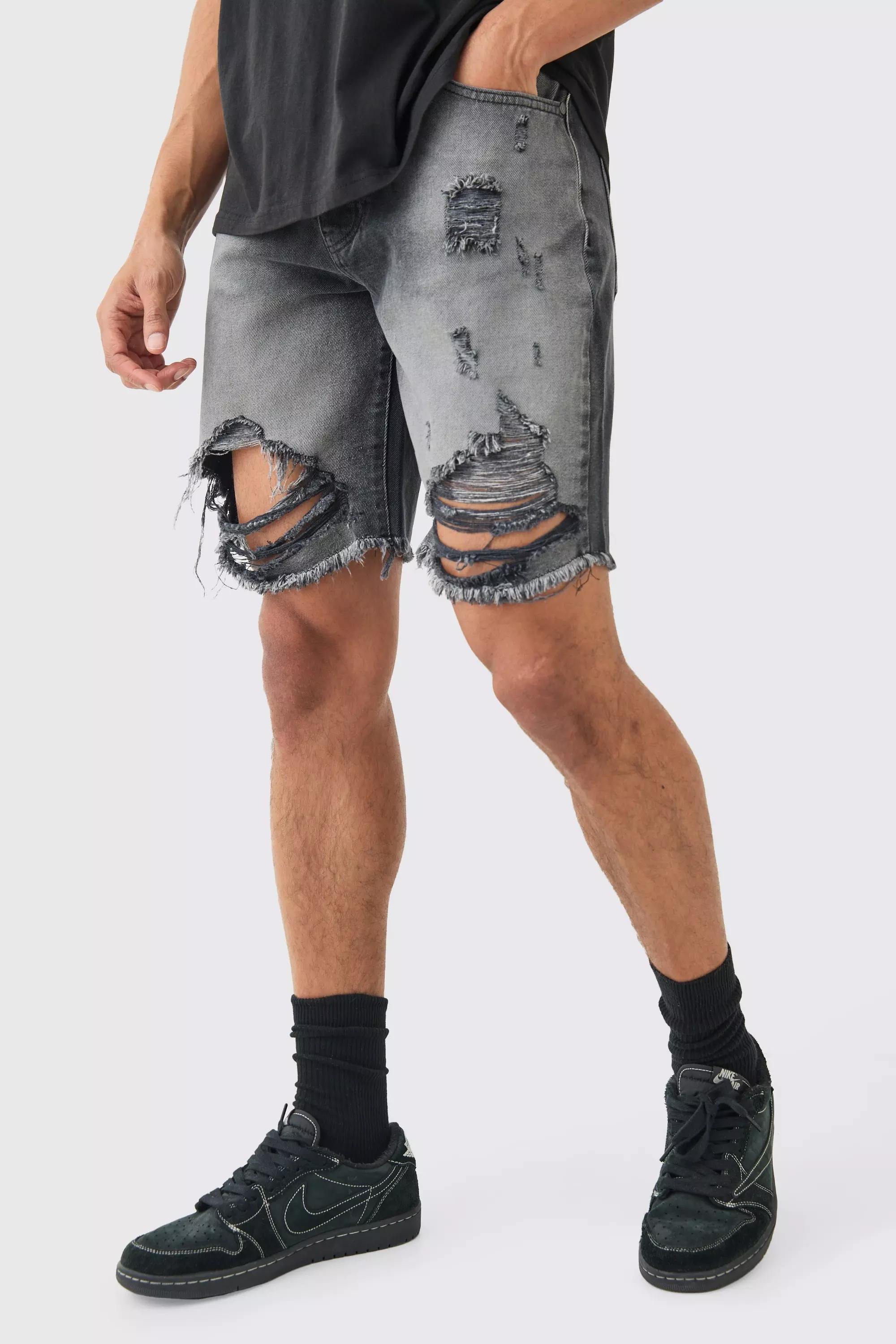 Grey Relaxed Rigid Long Length Ripped Denim Shorts In Washed Black
