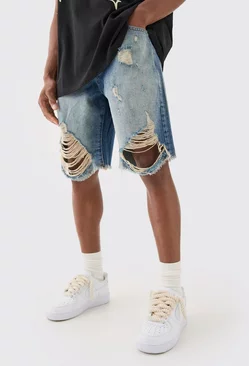 Relaxed Rigid Long Length Ripped Denim Shorts In Ice Blue Ice blue