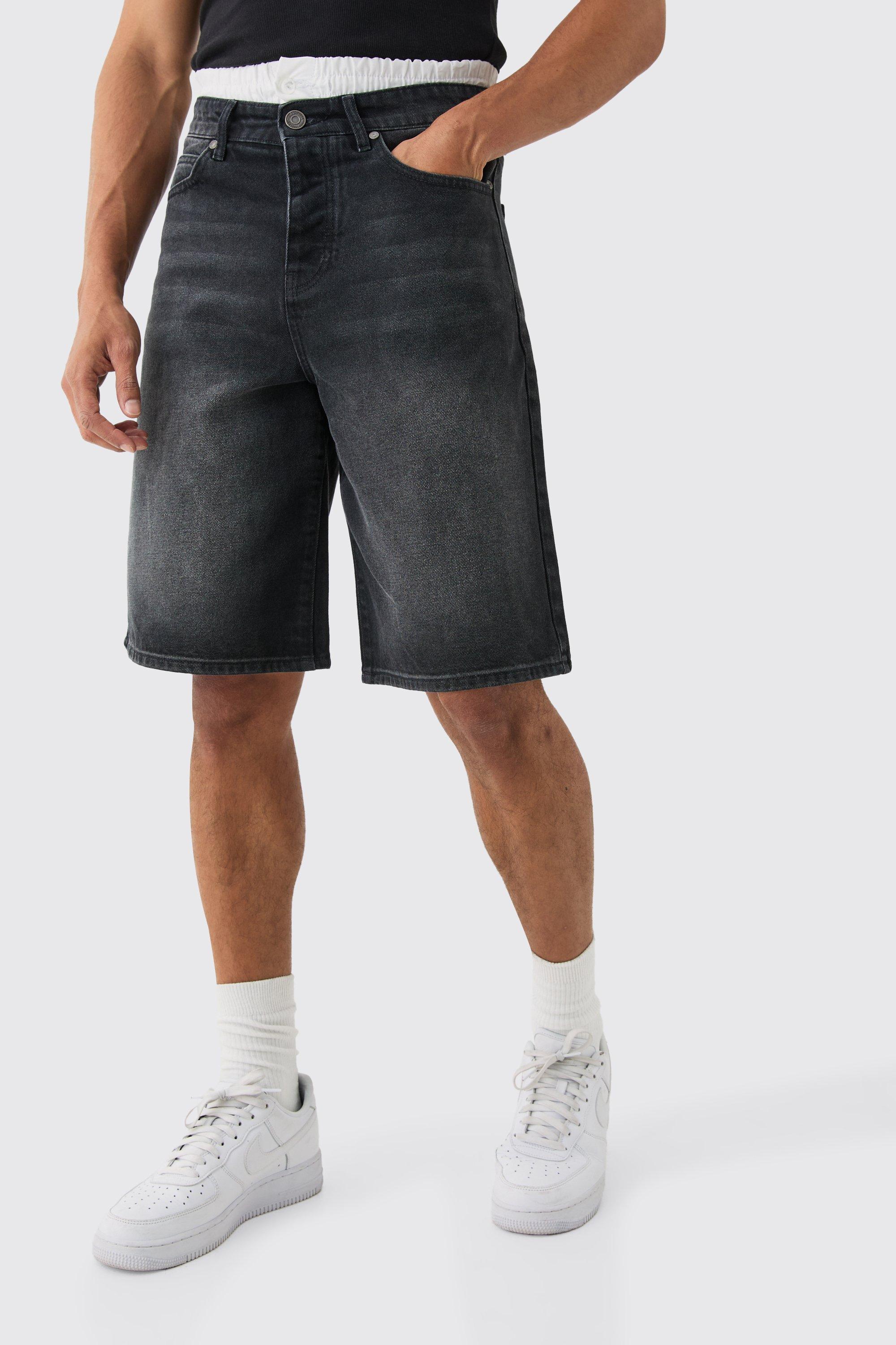Double Waist Band Denim Jorts In Black | boohooMAN USA