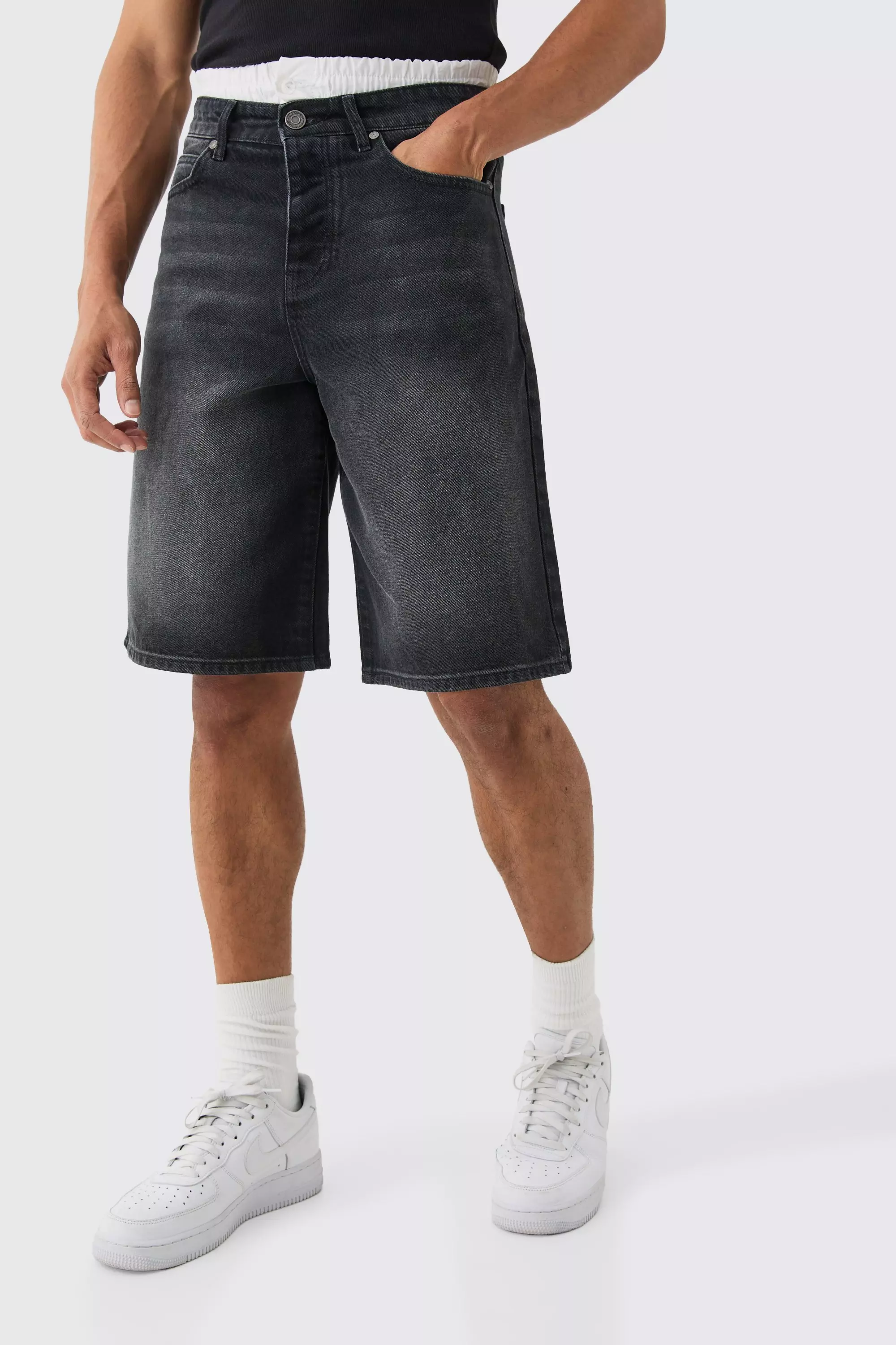 Double Waist Band Denim Jorts In Black | boohooMAN USA
