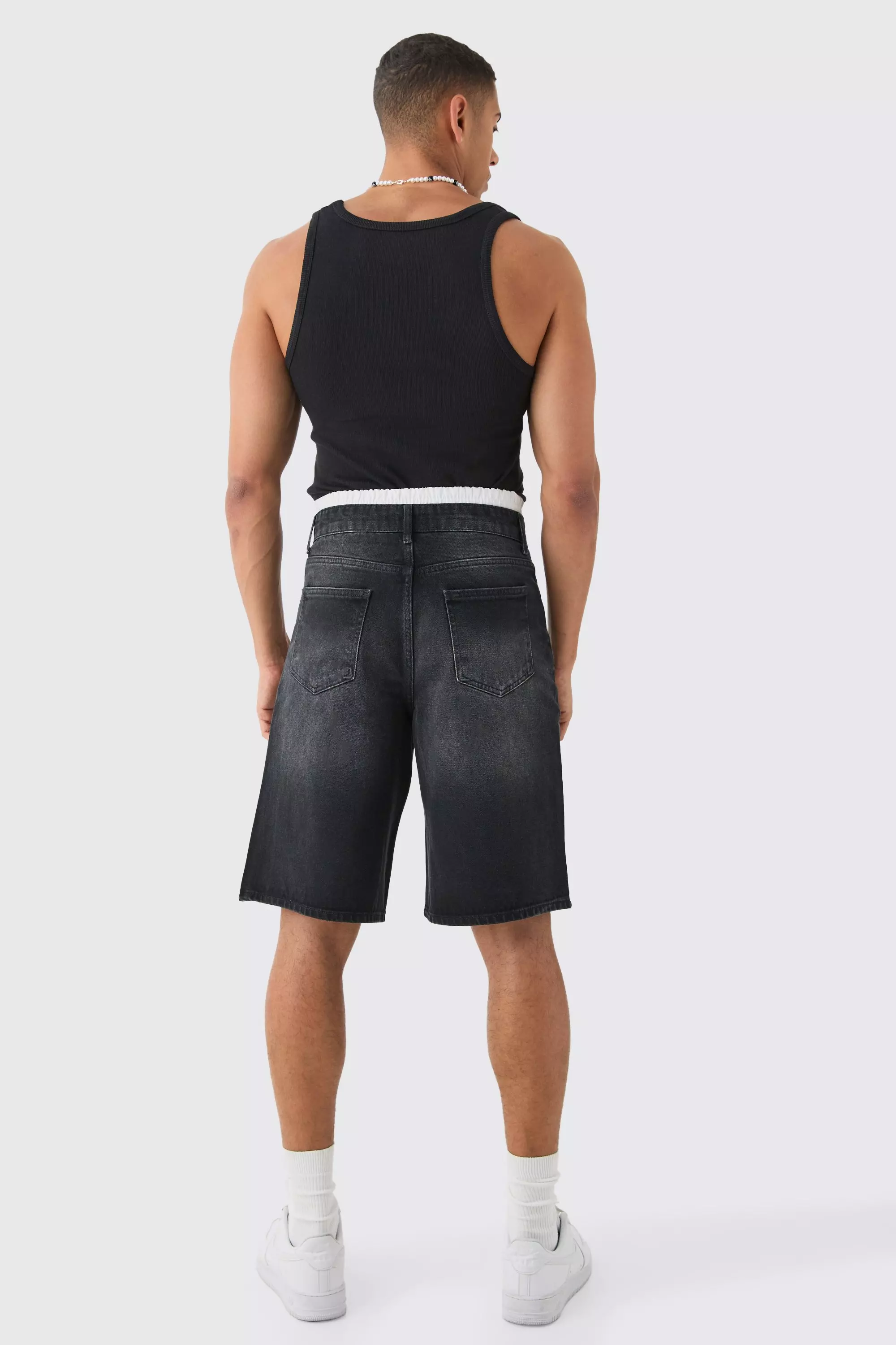 Double Waist Band Denim Jorts In Black | boohooMAN USA