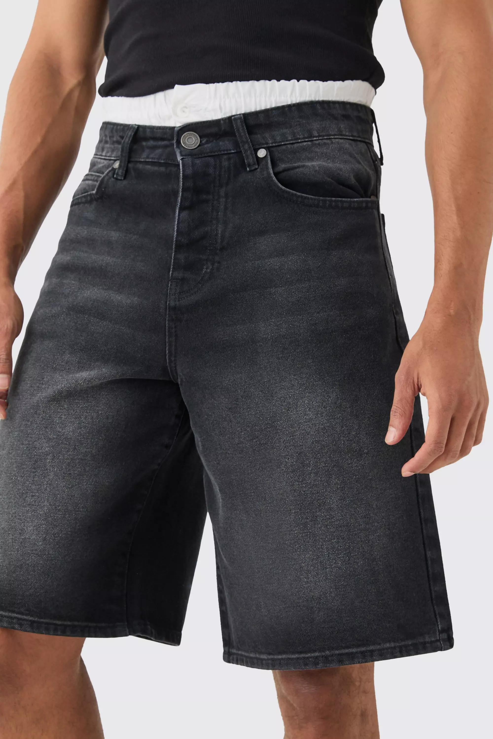 Double Waist Band Denim Jorts In Black | boohooMAN USA