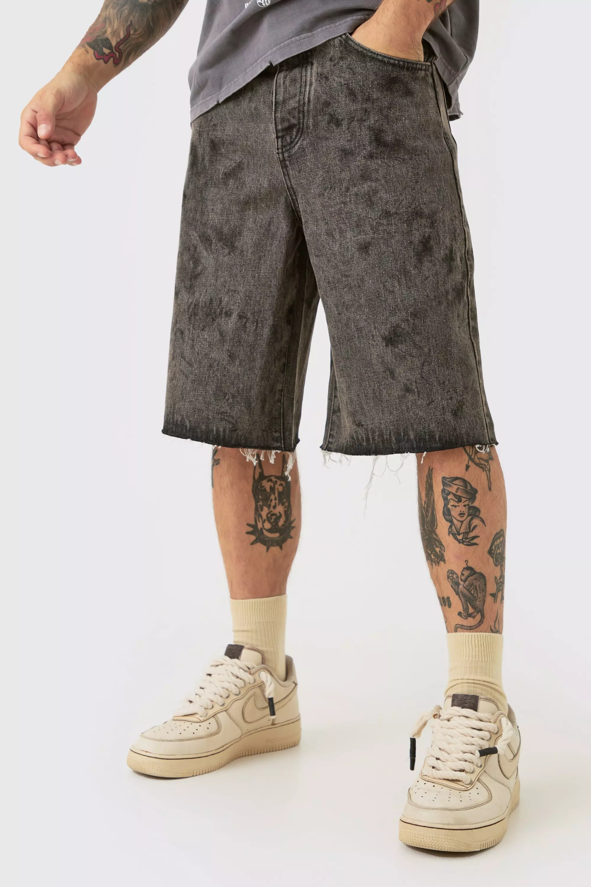 Black Acid Washed Denim Jorts In Washed Black