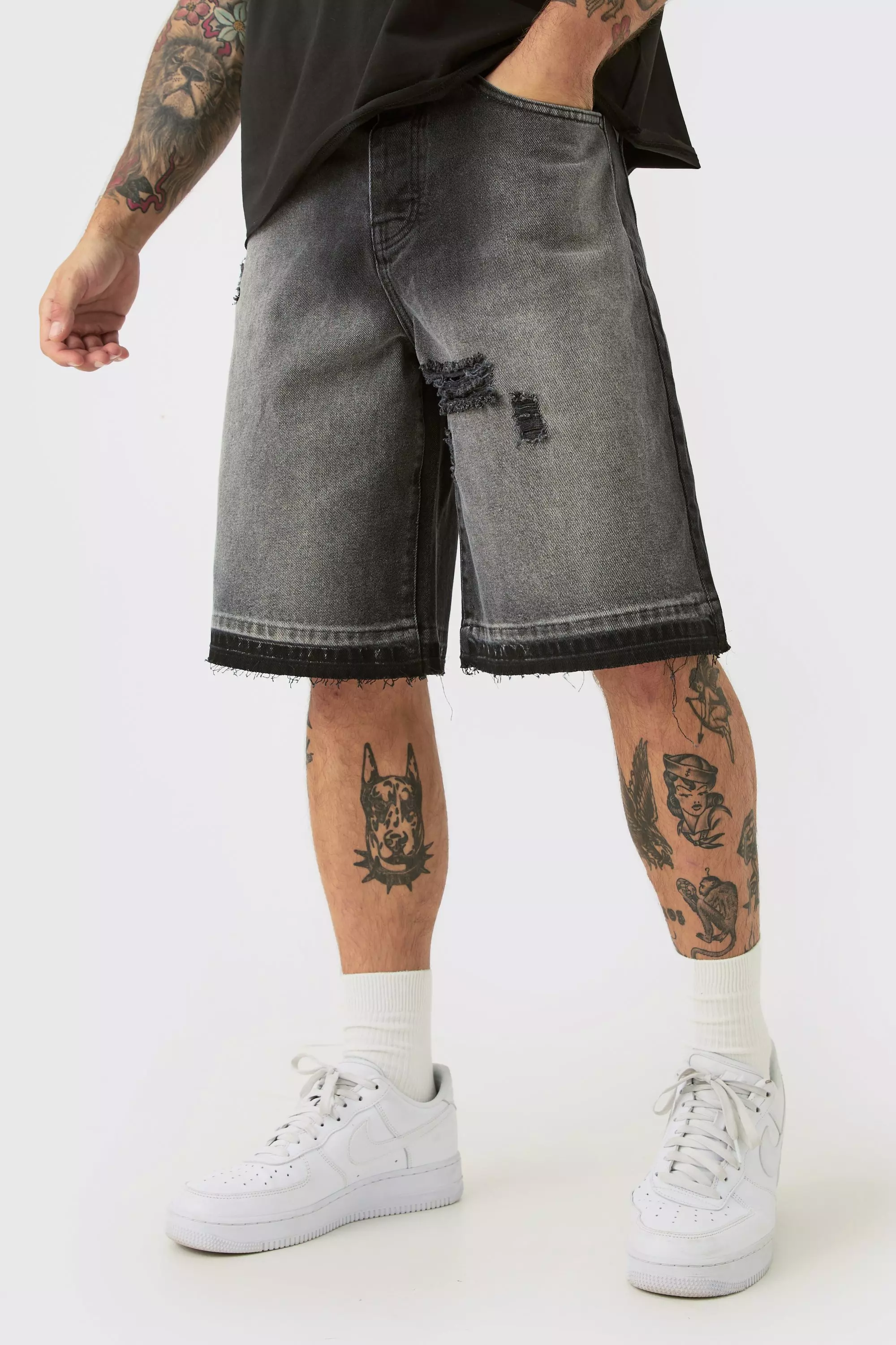 Black Ripped Denim Jorts In Washed Black