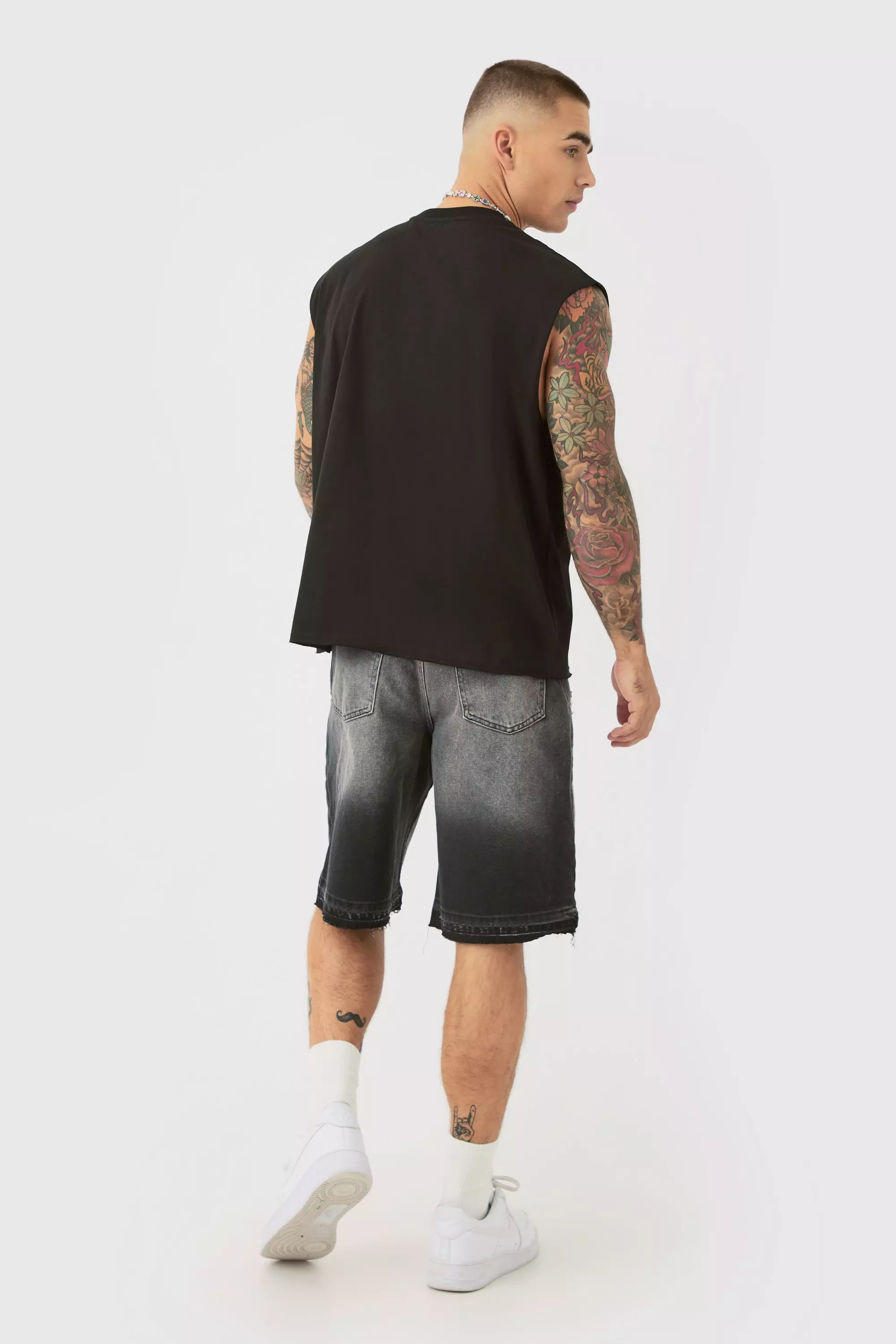 Ripped Denim Jorts In Washed Black | boohooMAN USA