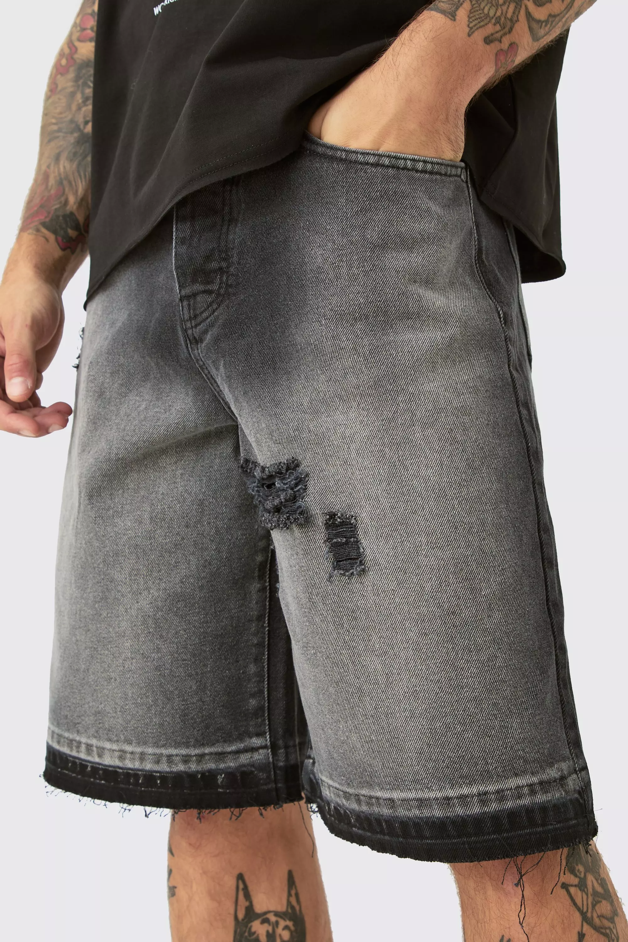 Ripped Denim Jorts In Washed Black | boohooMAN USA