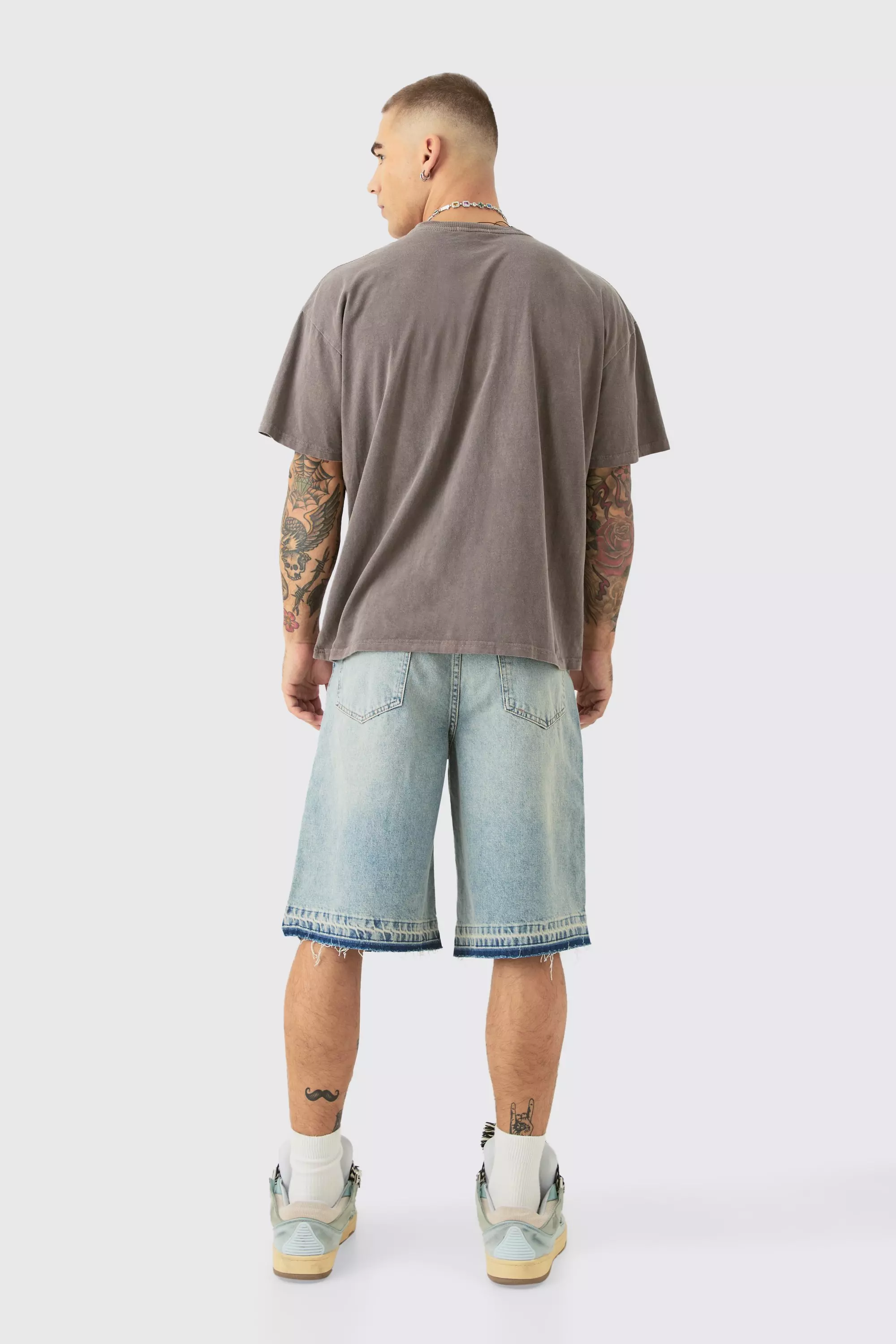 Ripped Denim Jorts In Antique Blue | boohooMAN USA