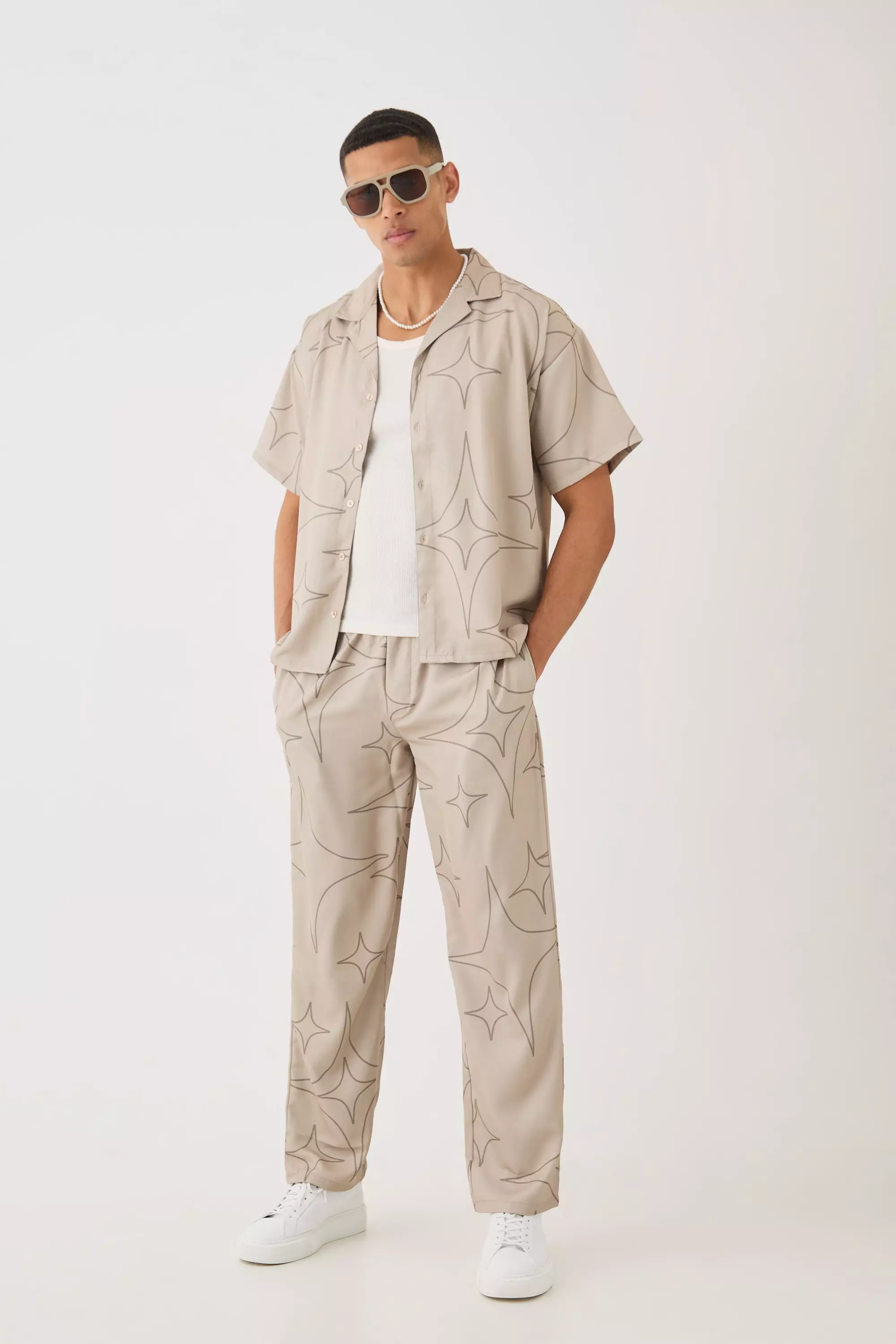 Soft Twill Boxy Tonal Star Print Shirt & Pants Set Taupe