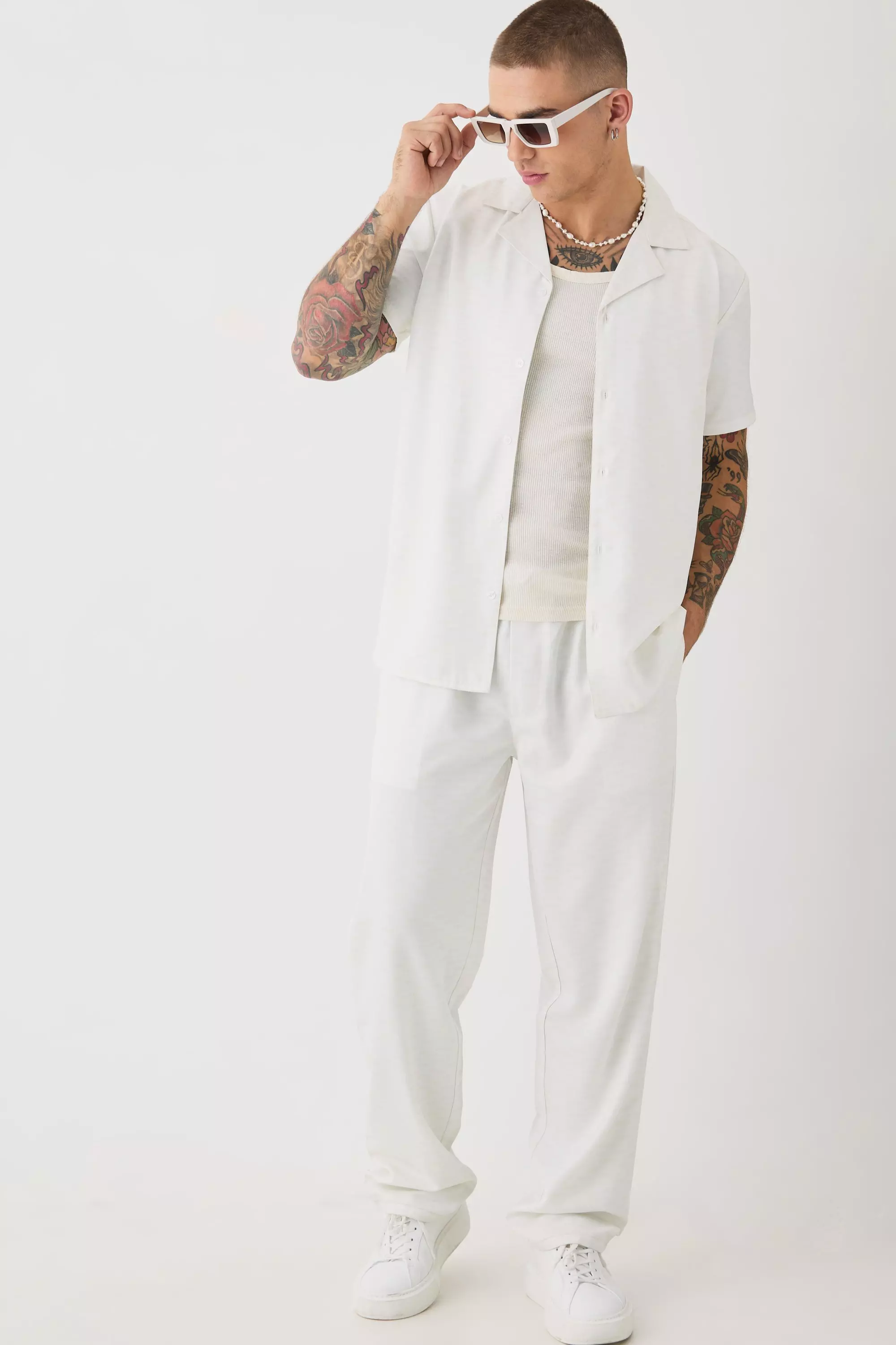 Soft Twill Tonal Monogram Shirt & Pants Set White