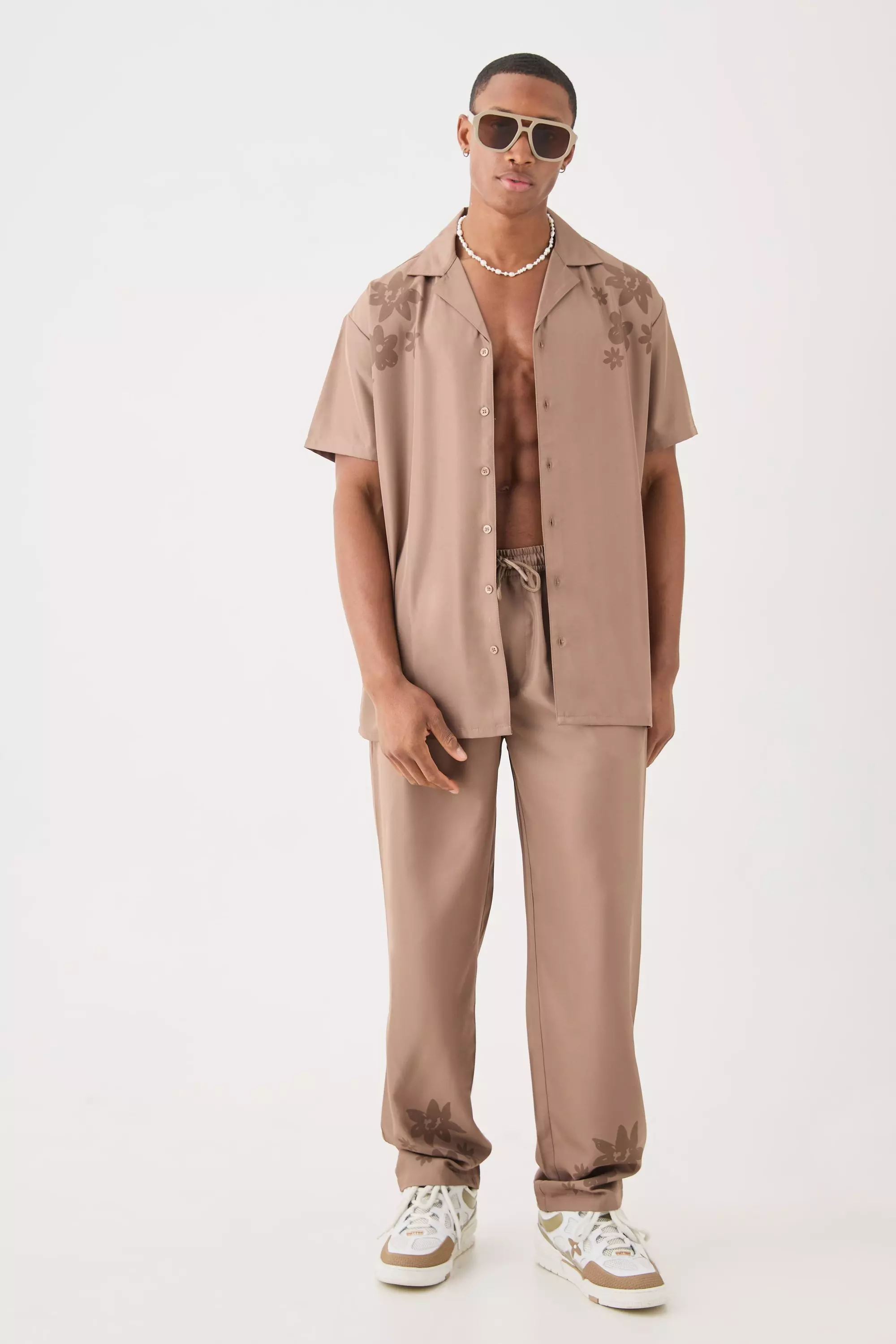 Soft Twill Oversized Shoulder Detail Shirt & Pants Set Taupe