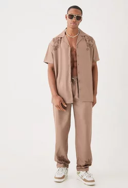 Soft Twill Oversized Shoulder Detail Shirt & Trouser Taupe