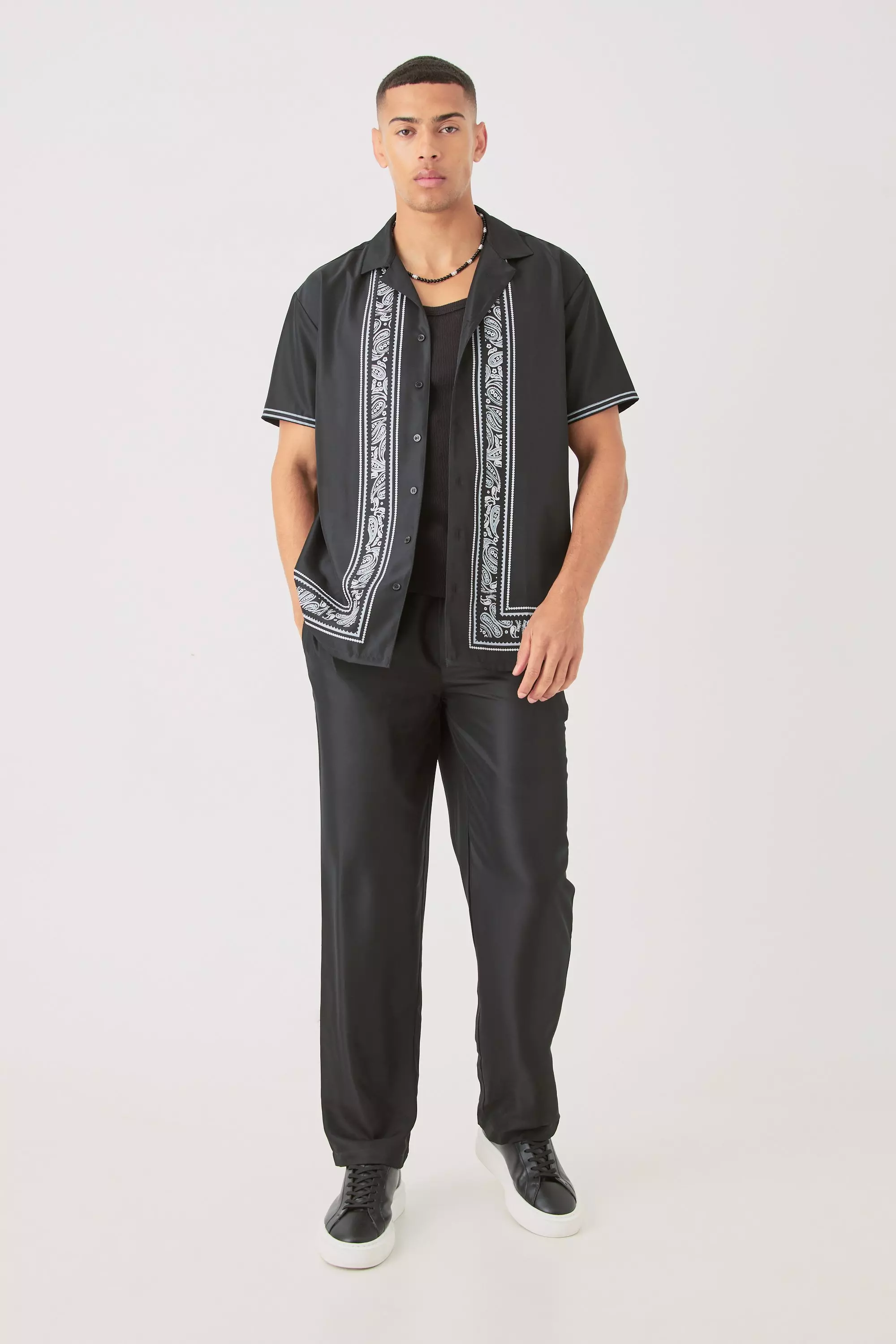 Soft Twill Oversized Border Shirt & Pants Set Black