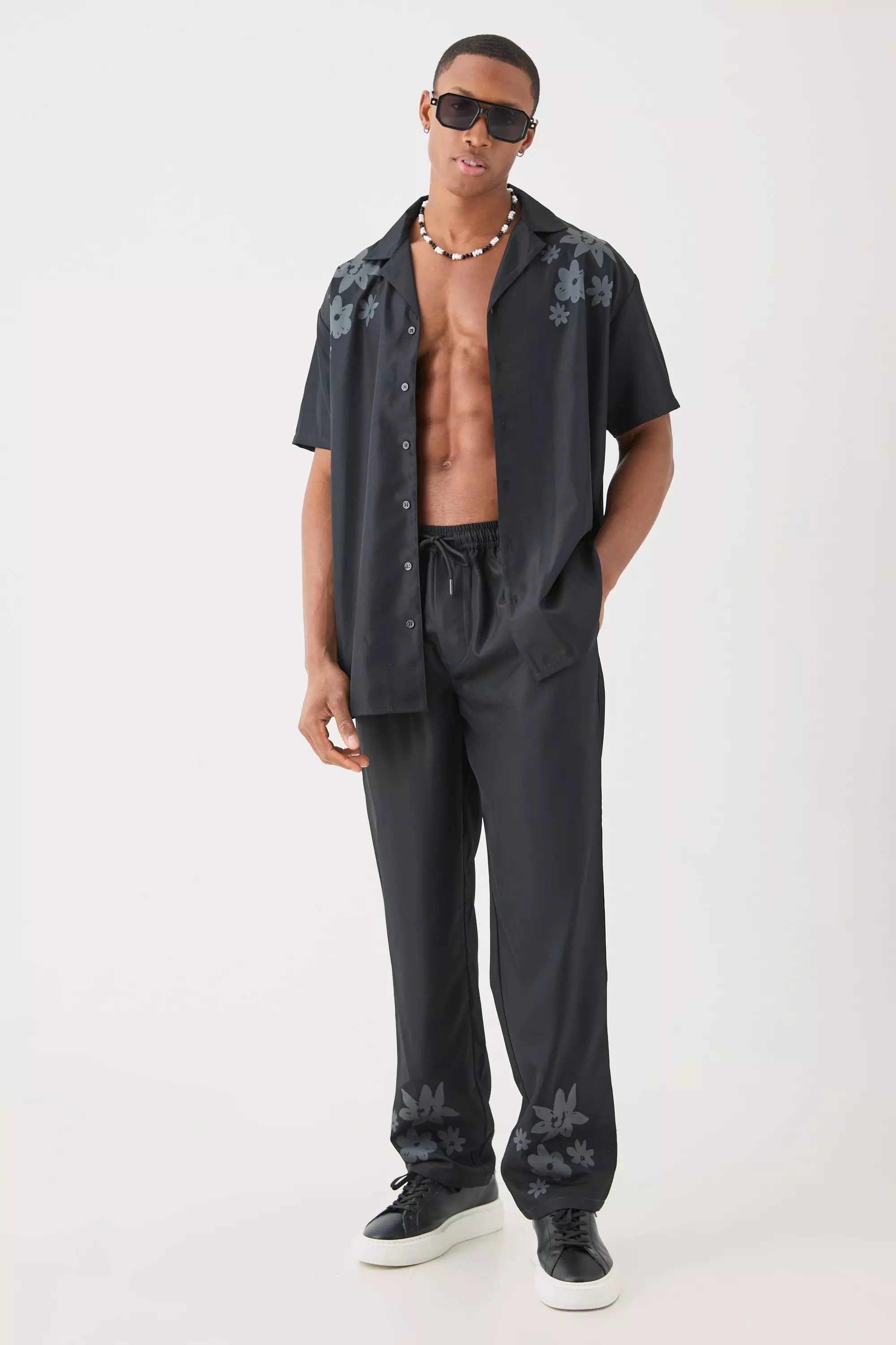 Soft Twill Oversized Shoulder Detail Shirt & Pants Set Black