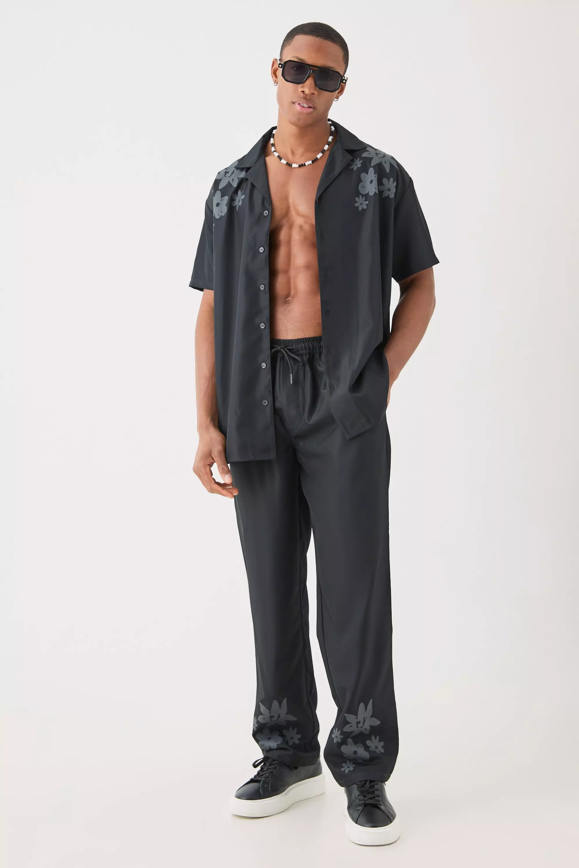 Black Soft Twill Oversized Shoulder Detail Shirt & Trouser