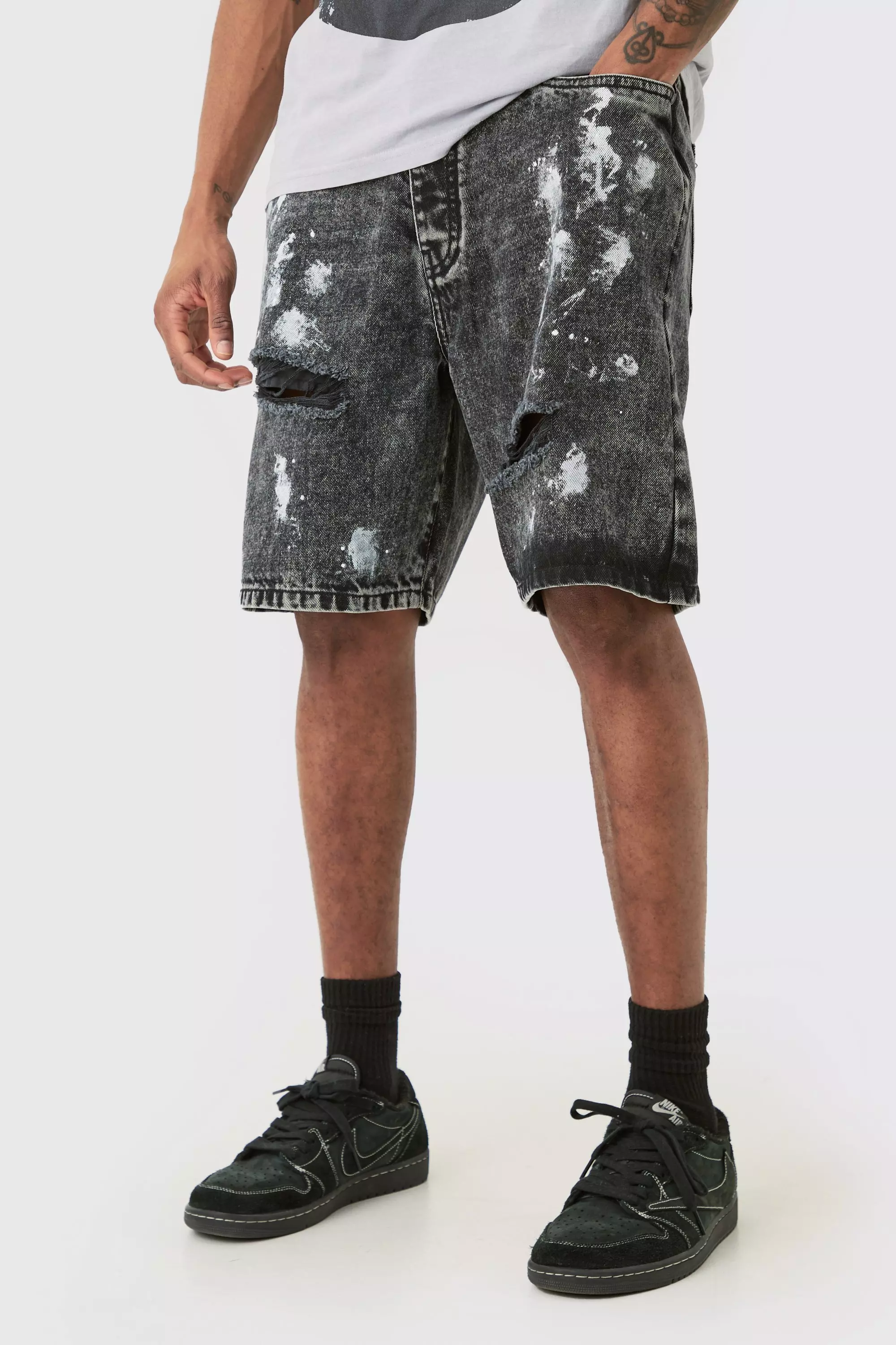 Grey Tall Washed Black Paint Splatter Relaxed Fit Short