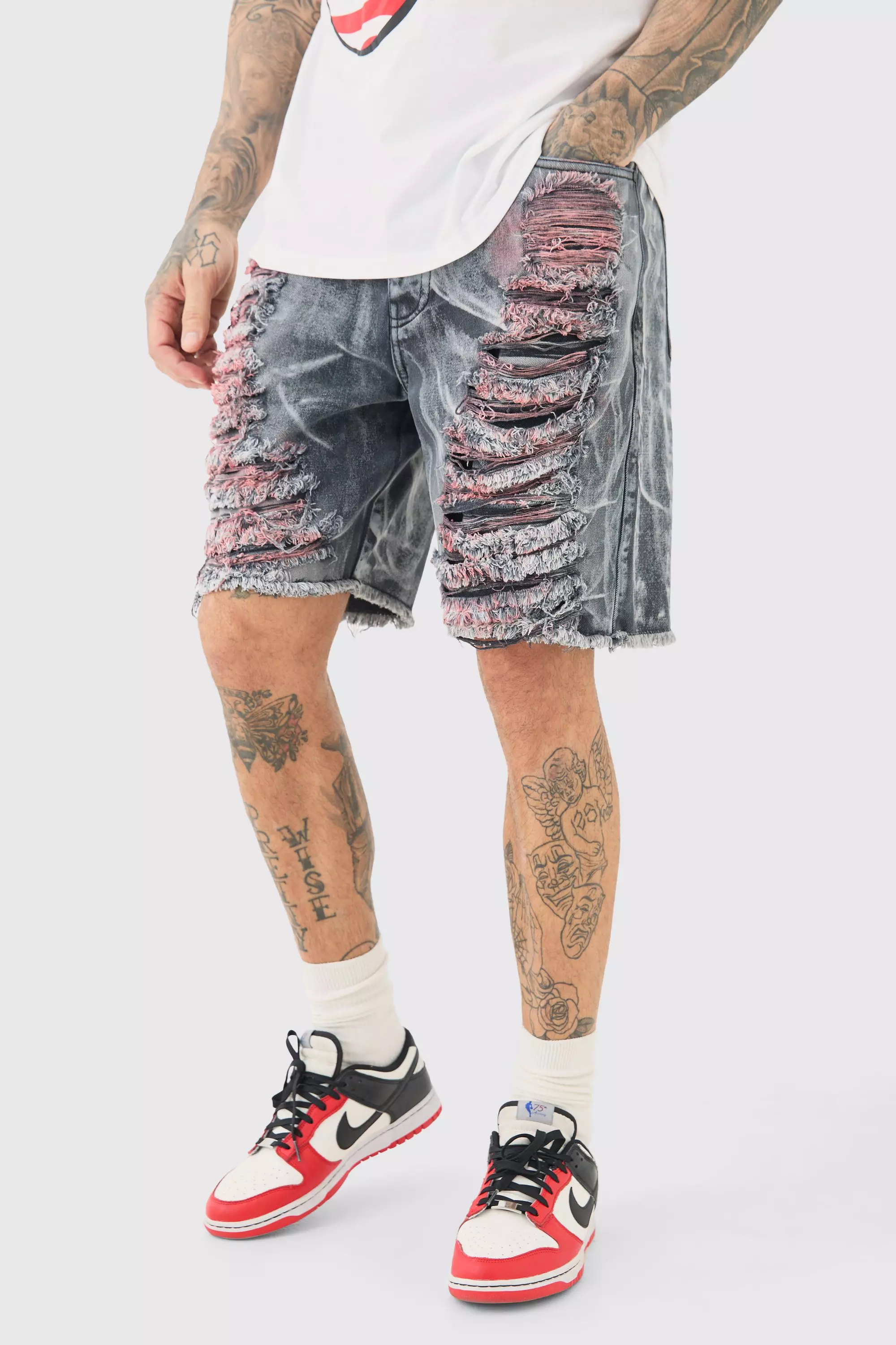 Grey Tall Extreme Rip Acid Wash Relaxed Fit Short