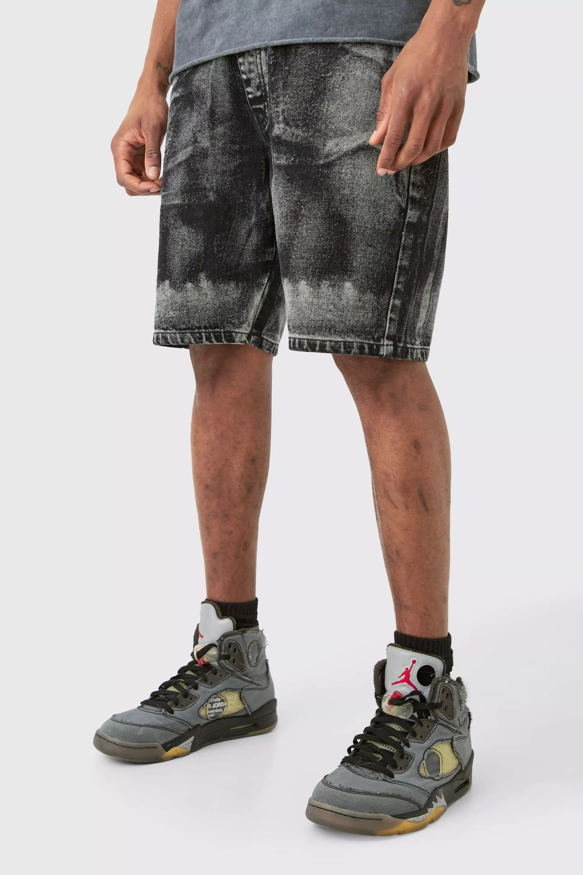 Ash Grey Tall Acid Effect Straight Fit Denim Shorts