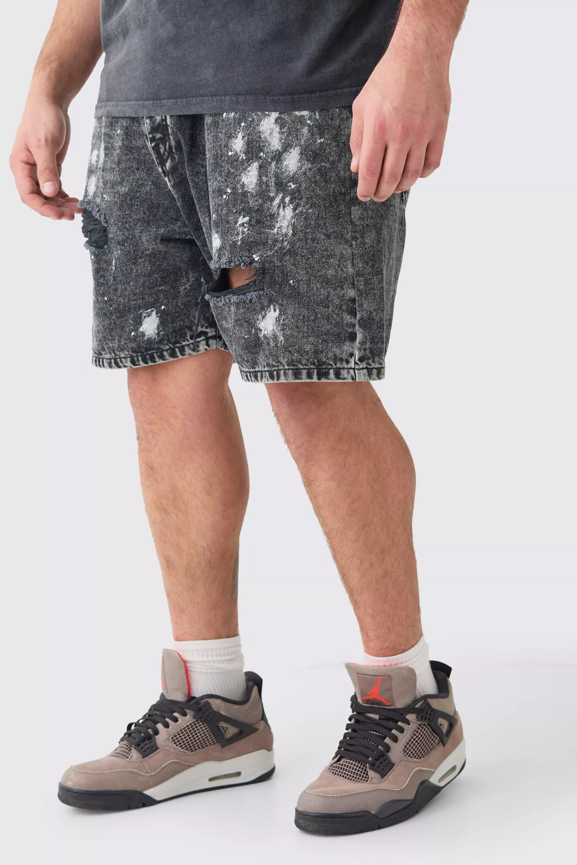 Grey Plus Washed Black Paint Splatter Relaxed Fit Short