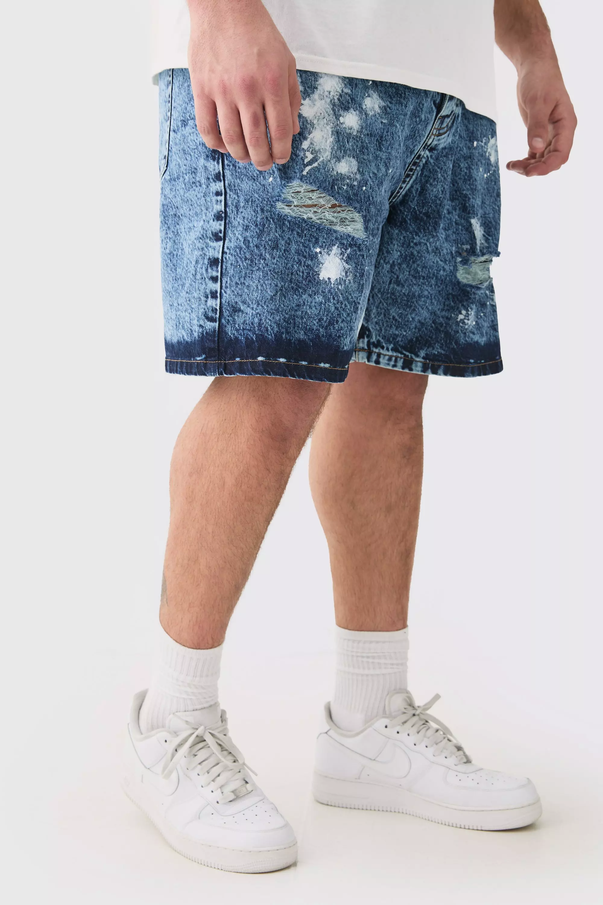 Plus Indigo Wash Paint Splatter Relaxed Fit Denim Shorts Indigo