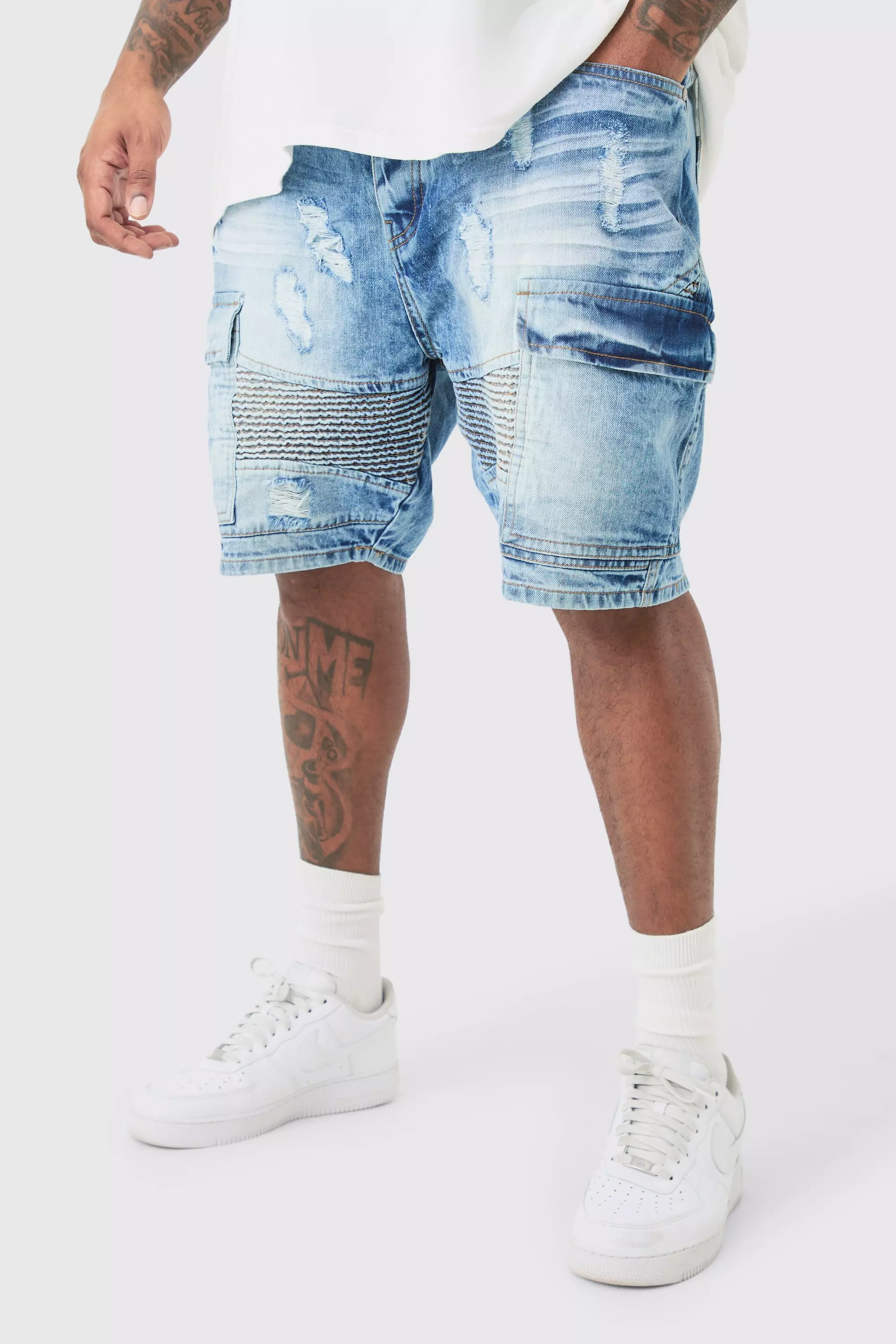 Plus Straight Fit Biker Denim Shorts mid wash