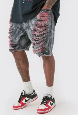 Plus Extreme Rip Acid Wash Relaxed Fit Short Washed black