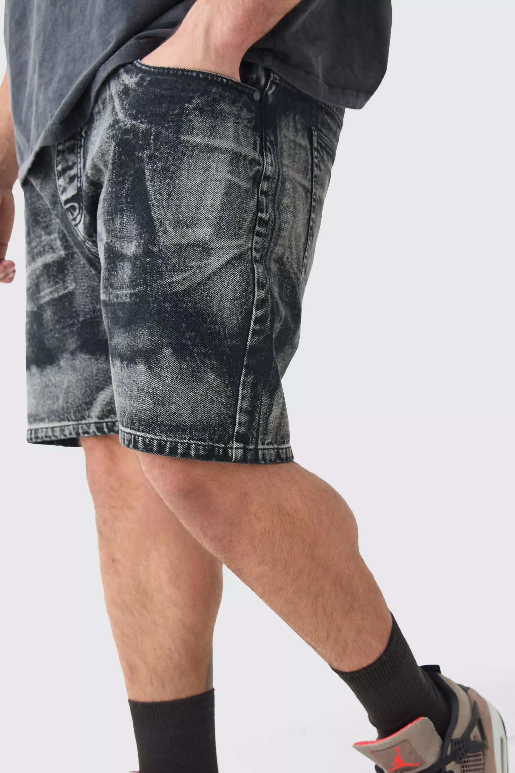 Grey Plus Straight Fit Acid Wash Denim Shorts