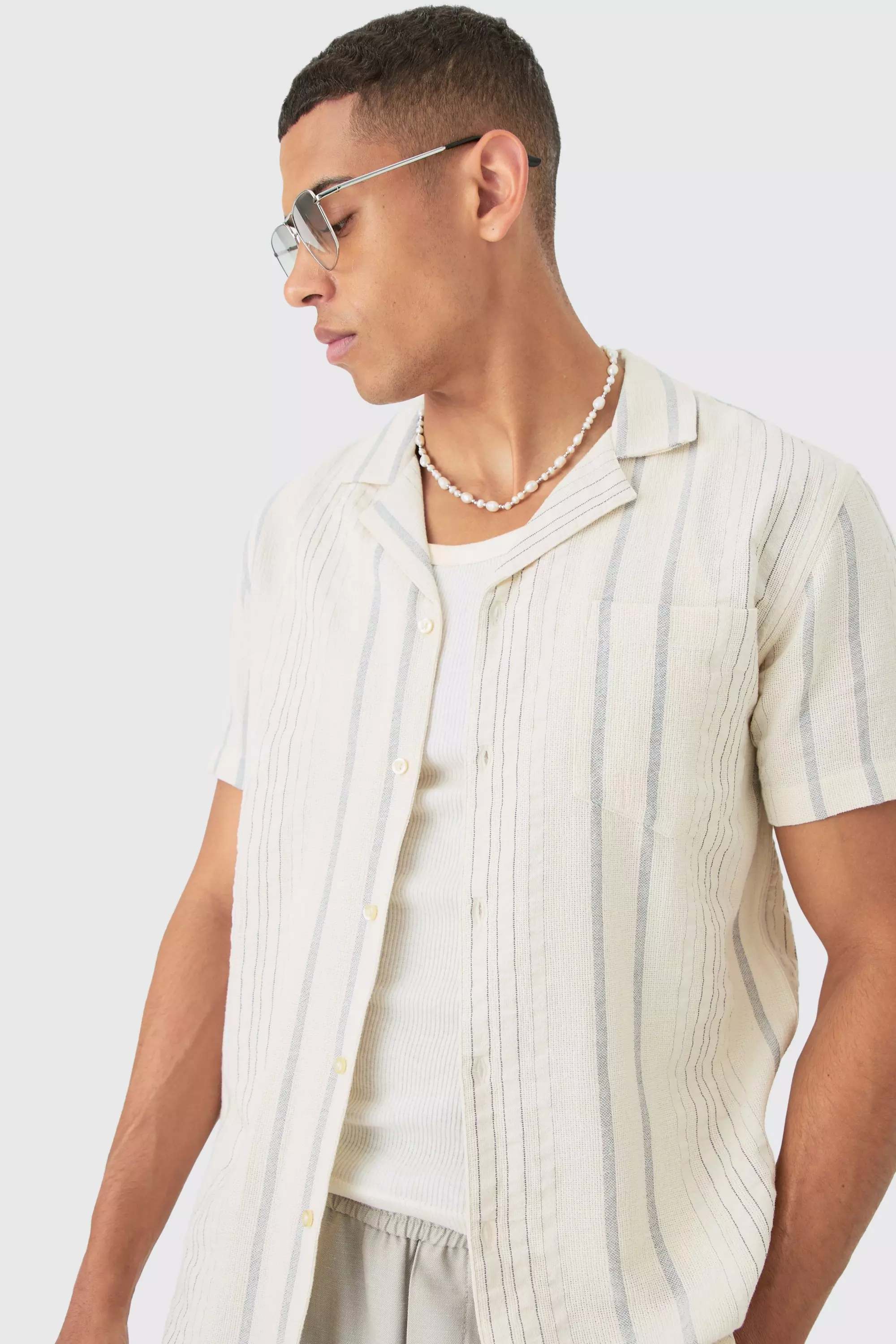 Short Sleeve Textured Multi Stripe Pocket Shirt Grey