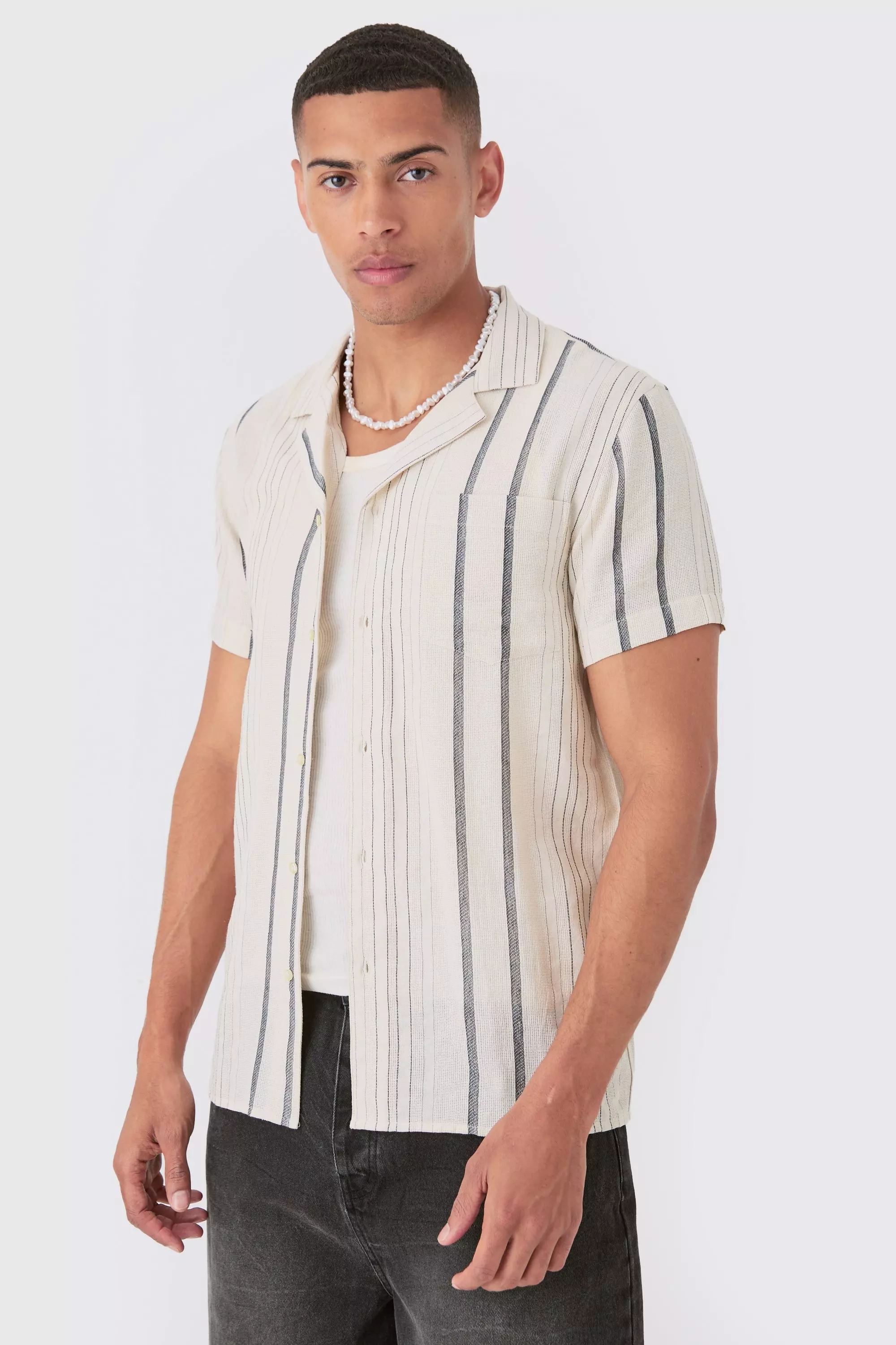 Black Short Sleeve Textured Multi Stripe Pocket Shirt alternative image