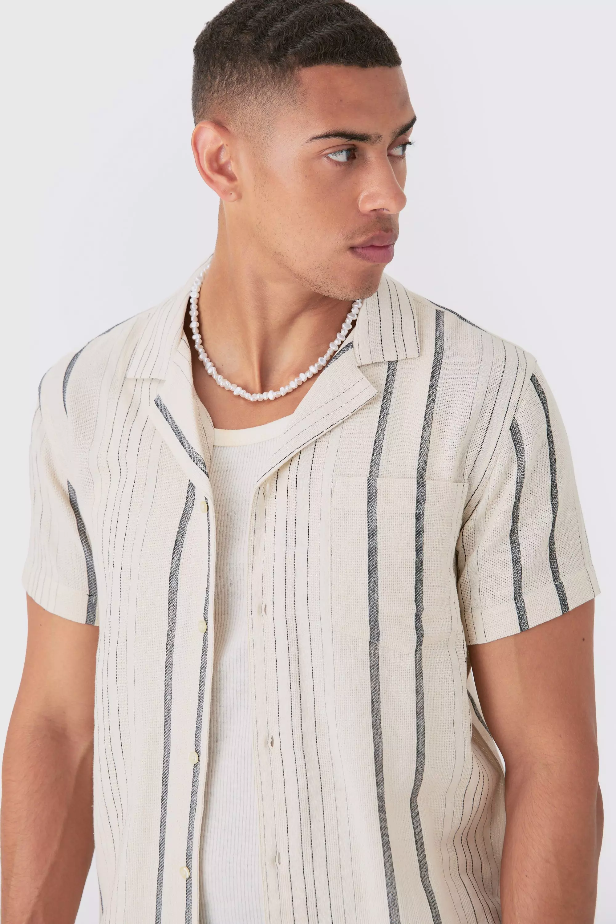 Black Short Sleeve Textured Multi Stripe Pocket Shirt alternative image