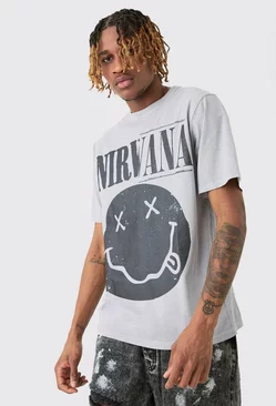 Tall Nirvana Smiley Face Overdyed License T-shirt Grey