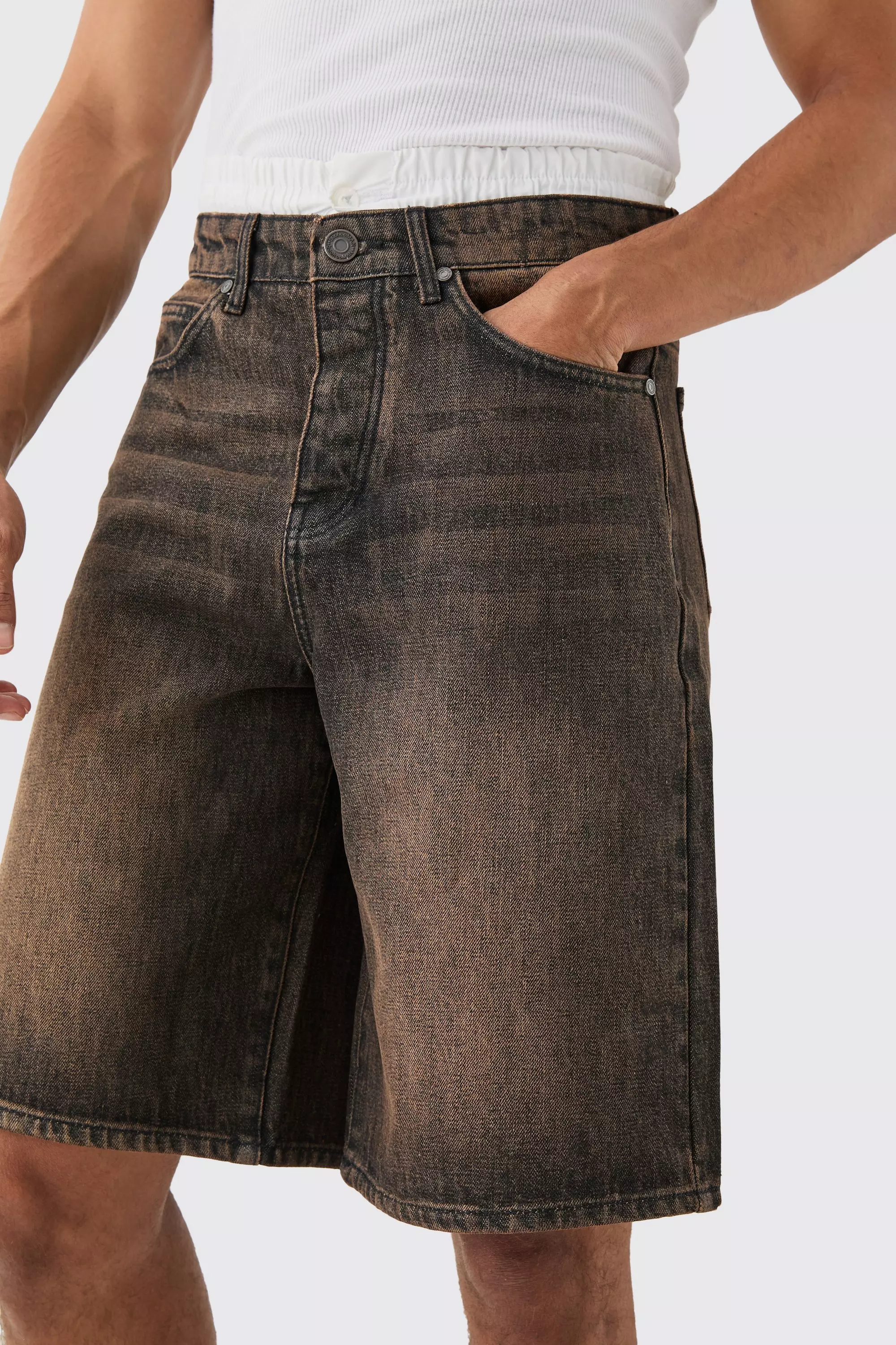 Double Waist Band Denim Jorts In Brown alternative image
