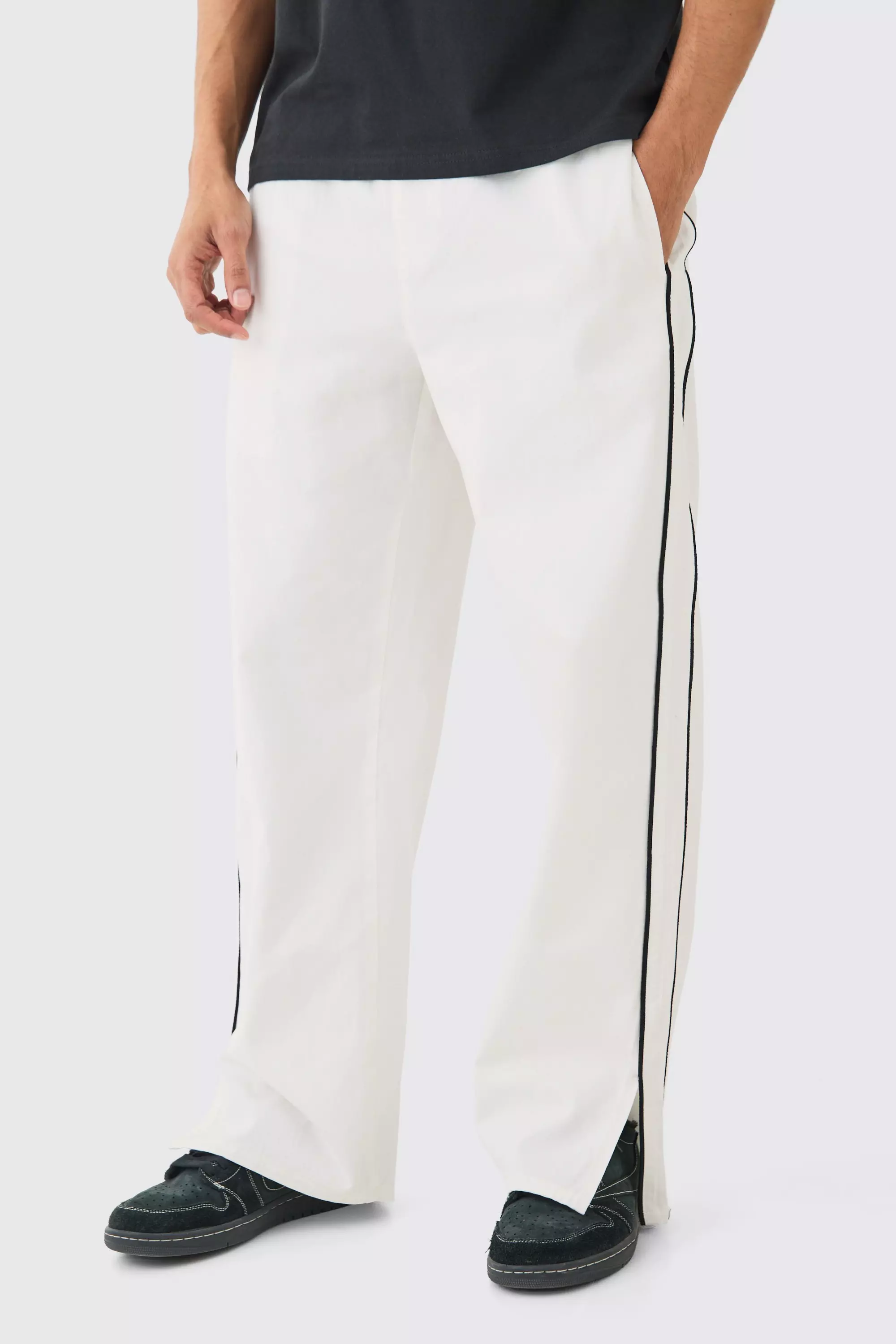 White Side Stripe Split Hem Branded Parachute Pants