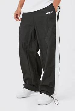 Black Teflon Side Panel Zip Hem Parachute Pants