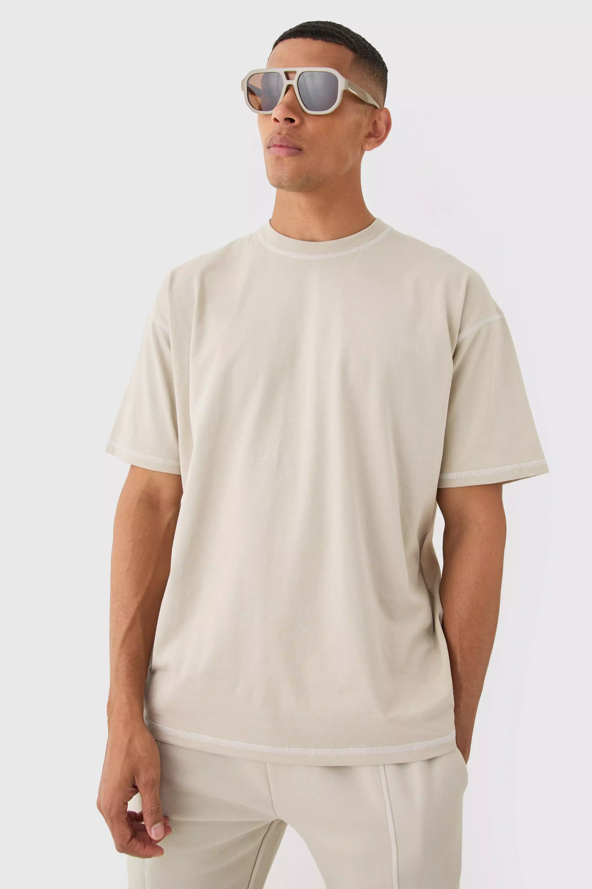 Oversized Contrast Stitch Extended Neck T-shirt Stone