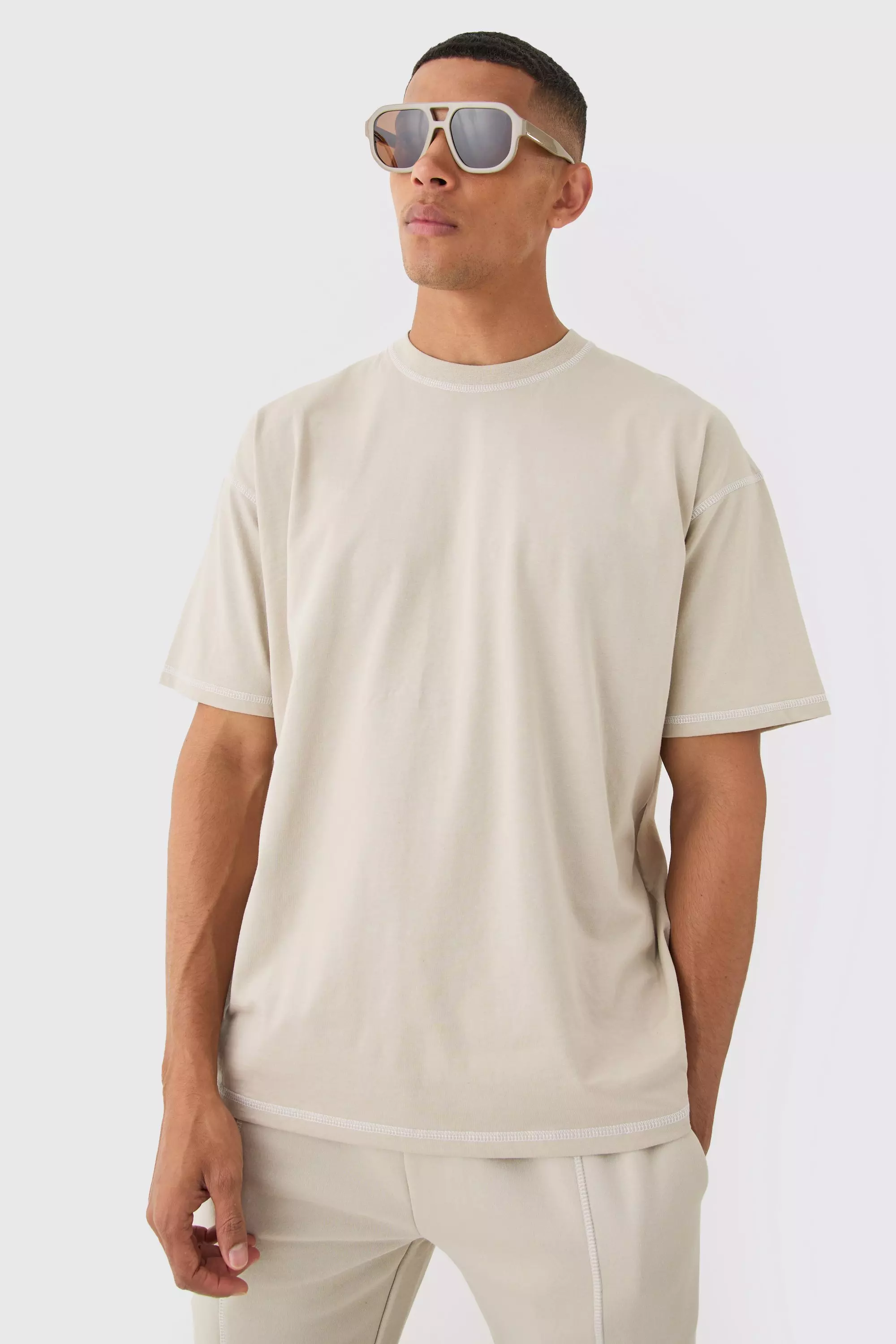Stone Beige Oversized Contrast Stitch Extended Neck Embroidered T-shirt
