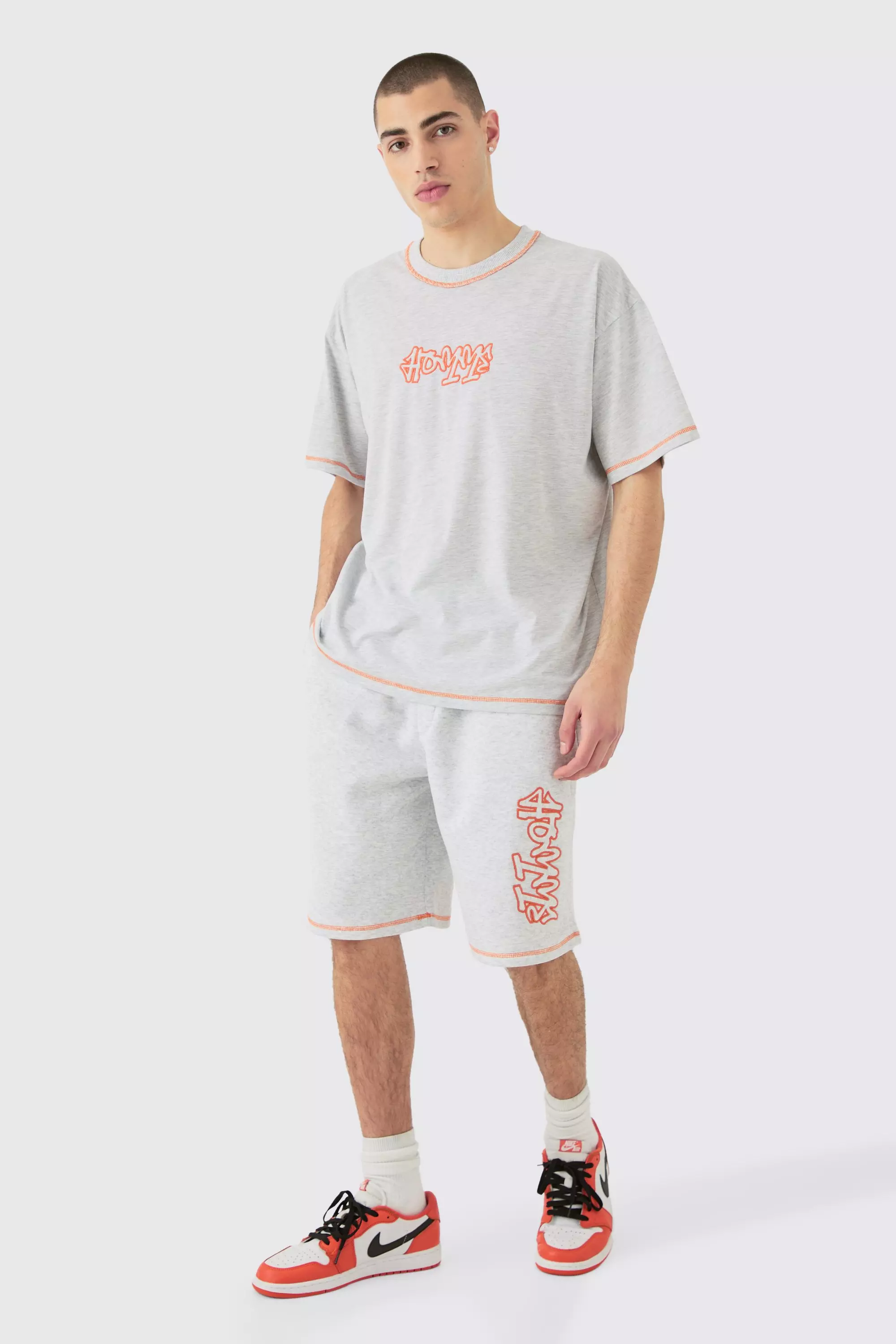 Grey Oversized Contrast Stitch Applique T-shirt & Short Set