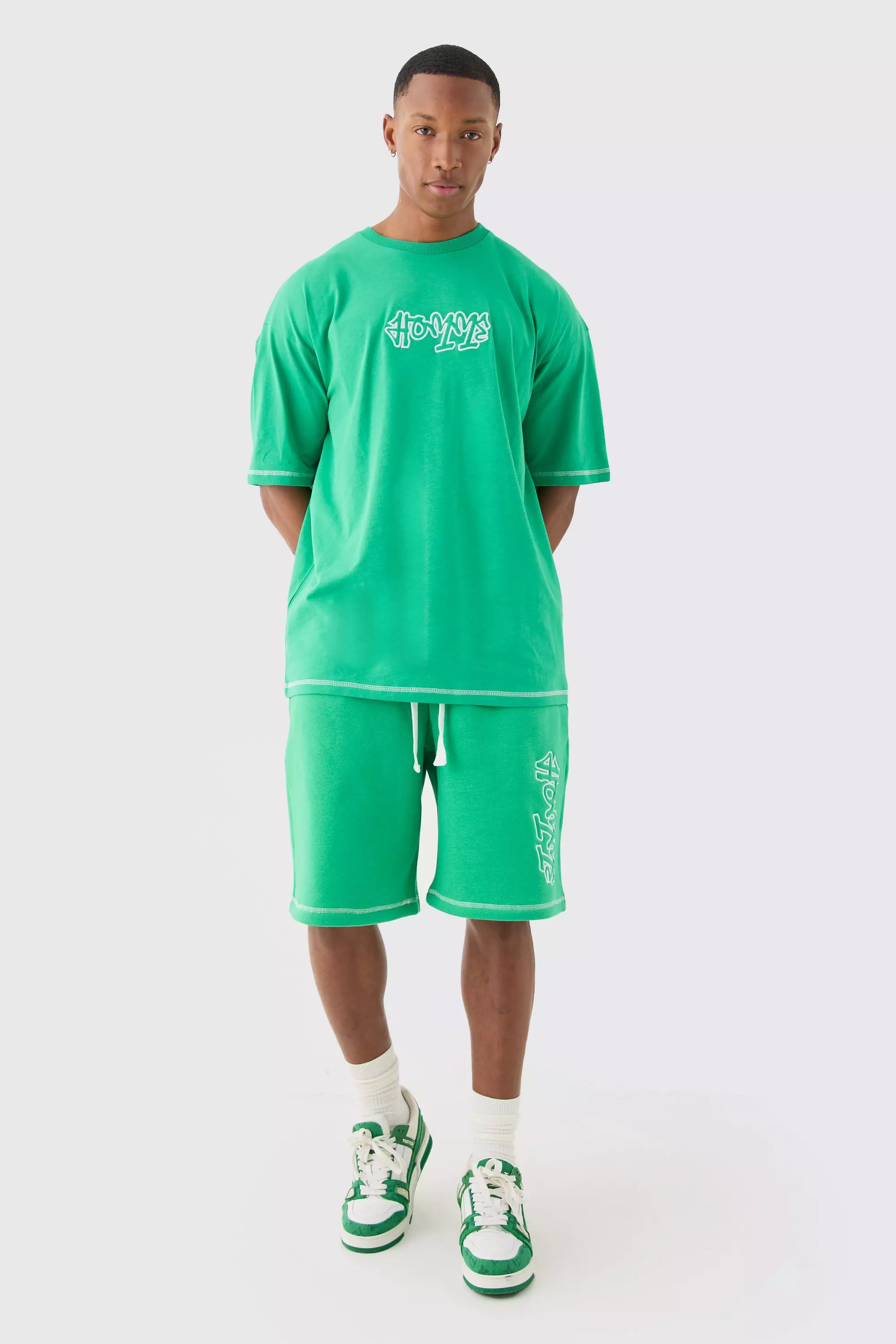 Green Oversized Contrast Stitch Applique T-shirt & Short Set