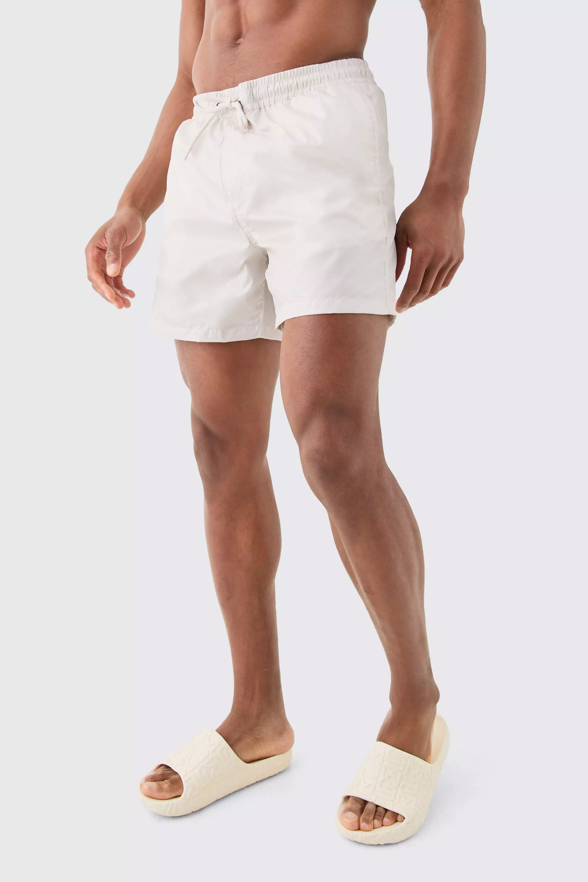 Mid Length High Shine Swim Trunks Beige
