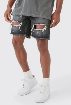 Grey Slim Rigid Ripped Paint Splatter Denim Shorts In Grey