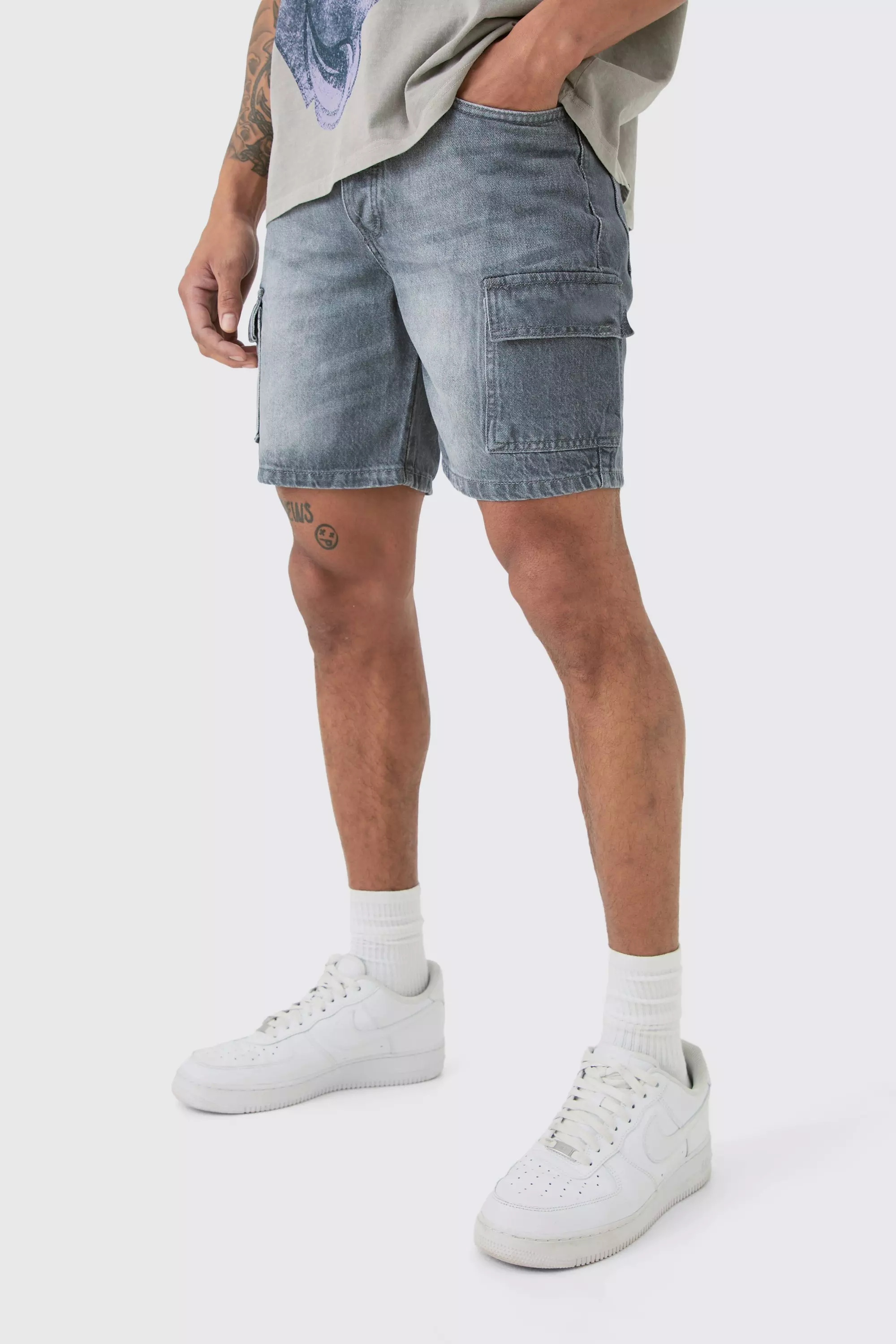 Grey Slim Rigid Cargo Denim Shorts In Grey
