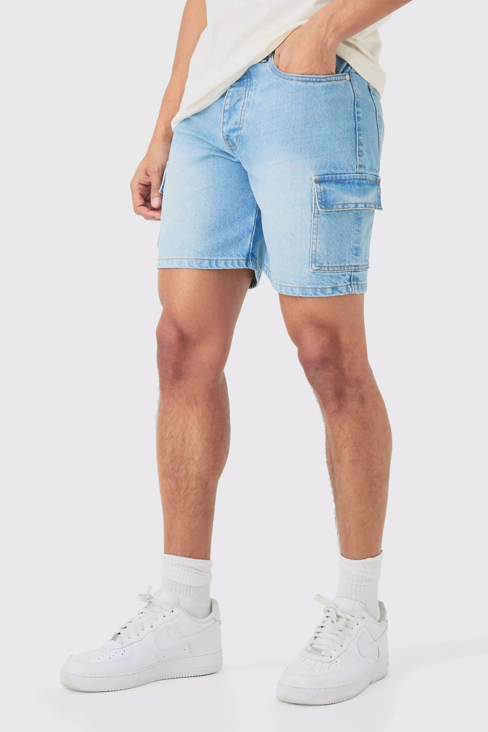 Brown Slim Rigid Cargo Denim Shorts In Light Blue