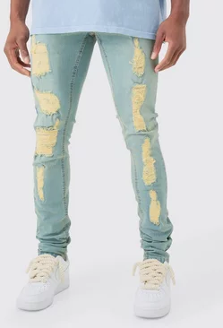 Blue Skinny Stacked Distressed Ripped Jeans In Antique Blue