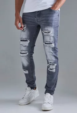 Grey Skinny Stacked Distressed Ripped Jeans In Grey