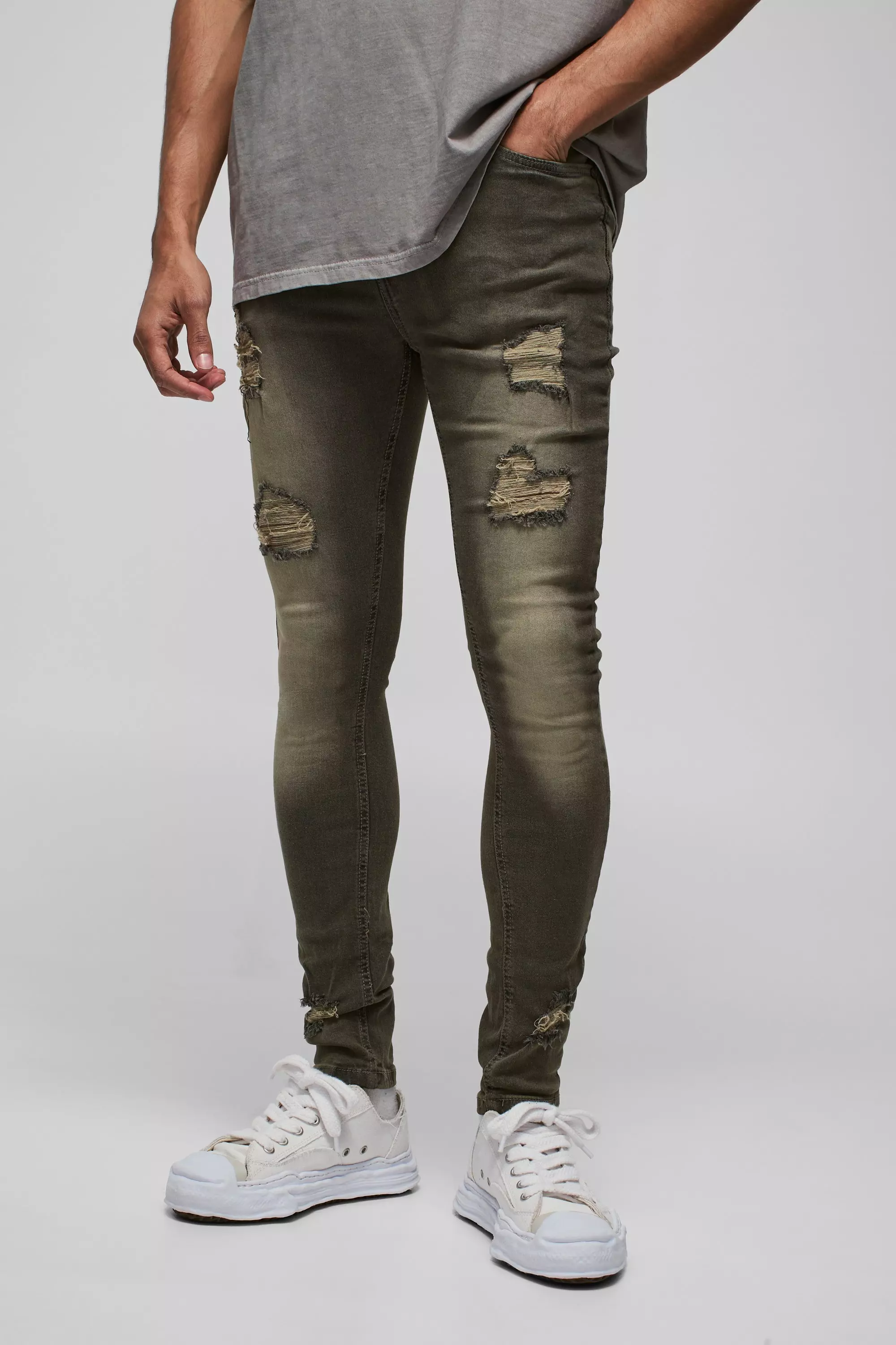Jeans Super Skinny Fit In Stretch Con Strappi, Grey immagine alternativa