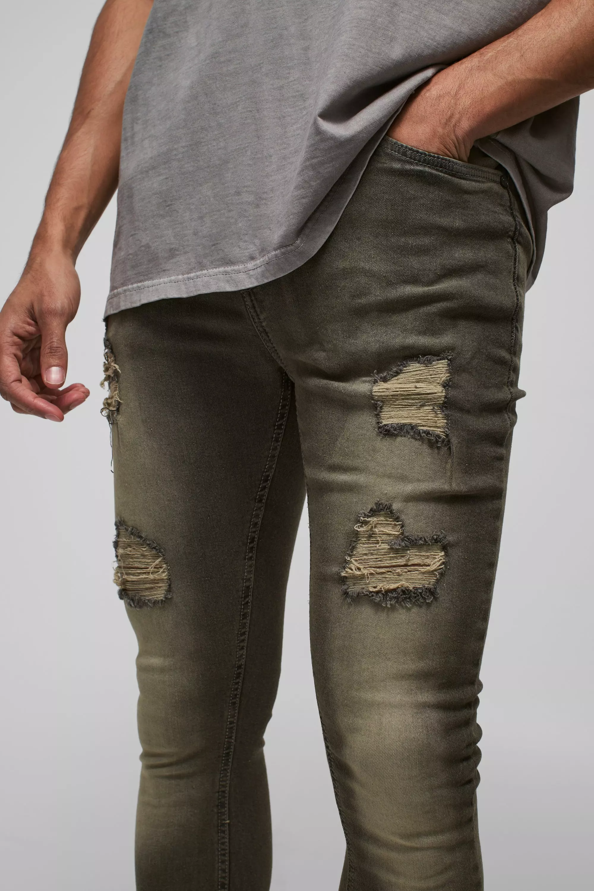 Jeans Super Skinny Fit In Stretch Con Strappi, Grey immagine alternativa