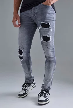 Grey Super Skinny Stretched Stacked Rip & Repair Jean In Mid Grey