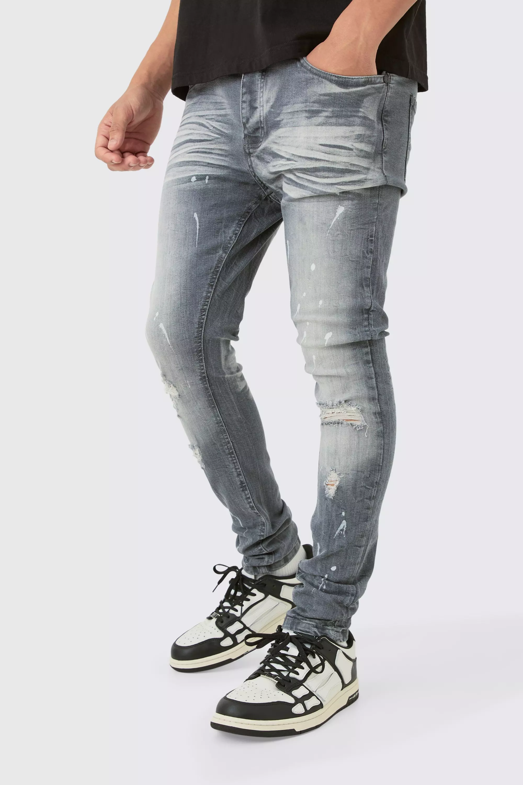 Grey Super Skinny Stretch Ripped Jean In Dirty Wash