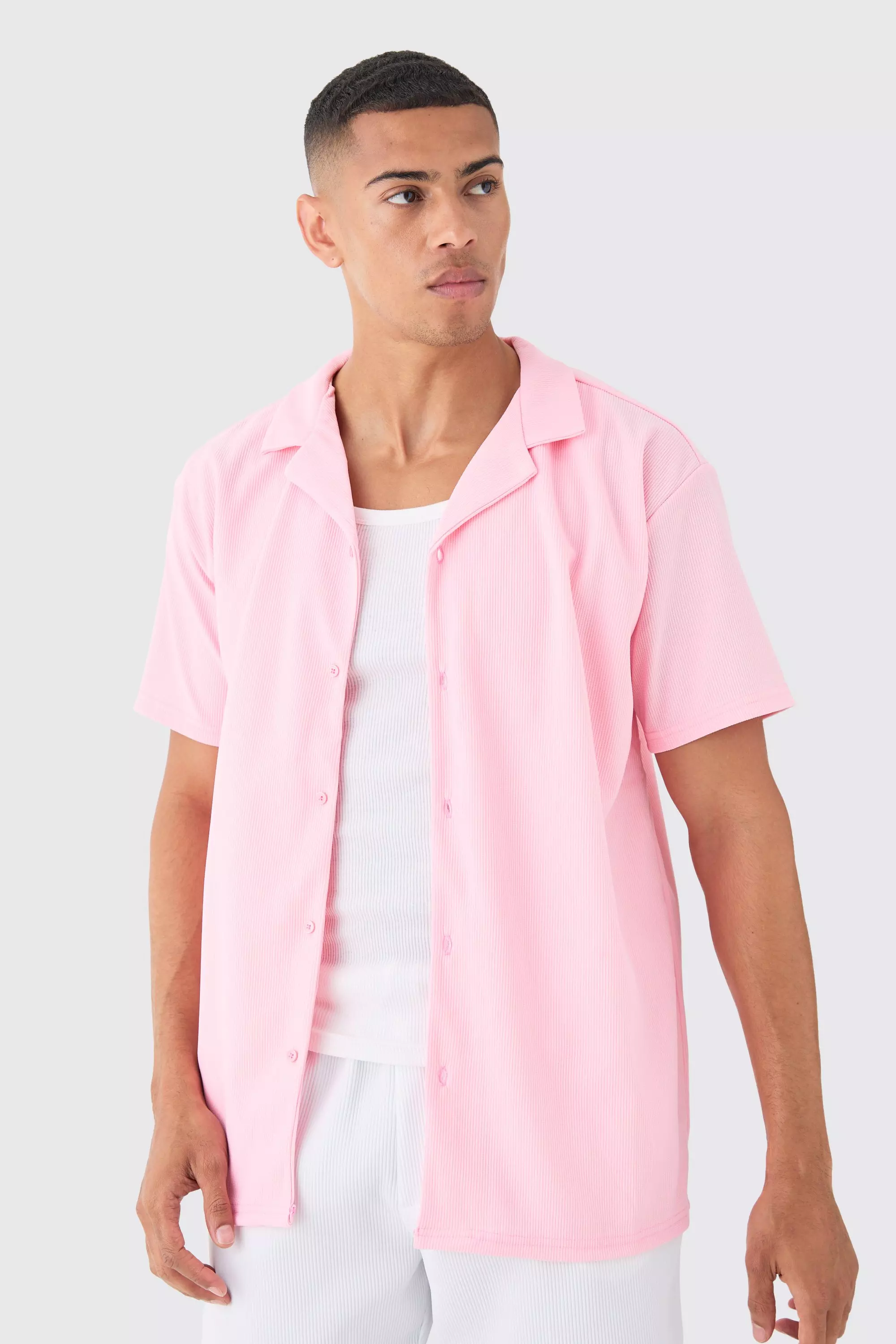Short Sleeve Ribbed Oversized Shirt Pale pink