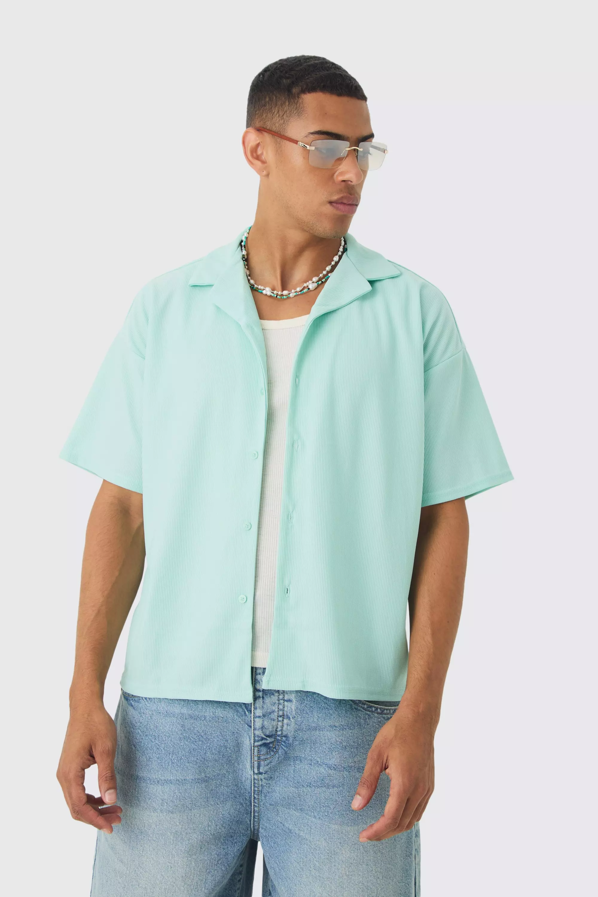 Aqua Blue Short Sleeve Ribbed Boxy Shirt