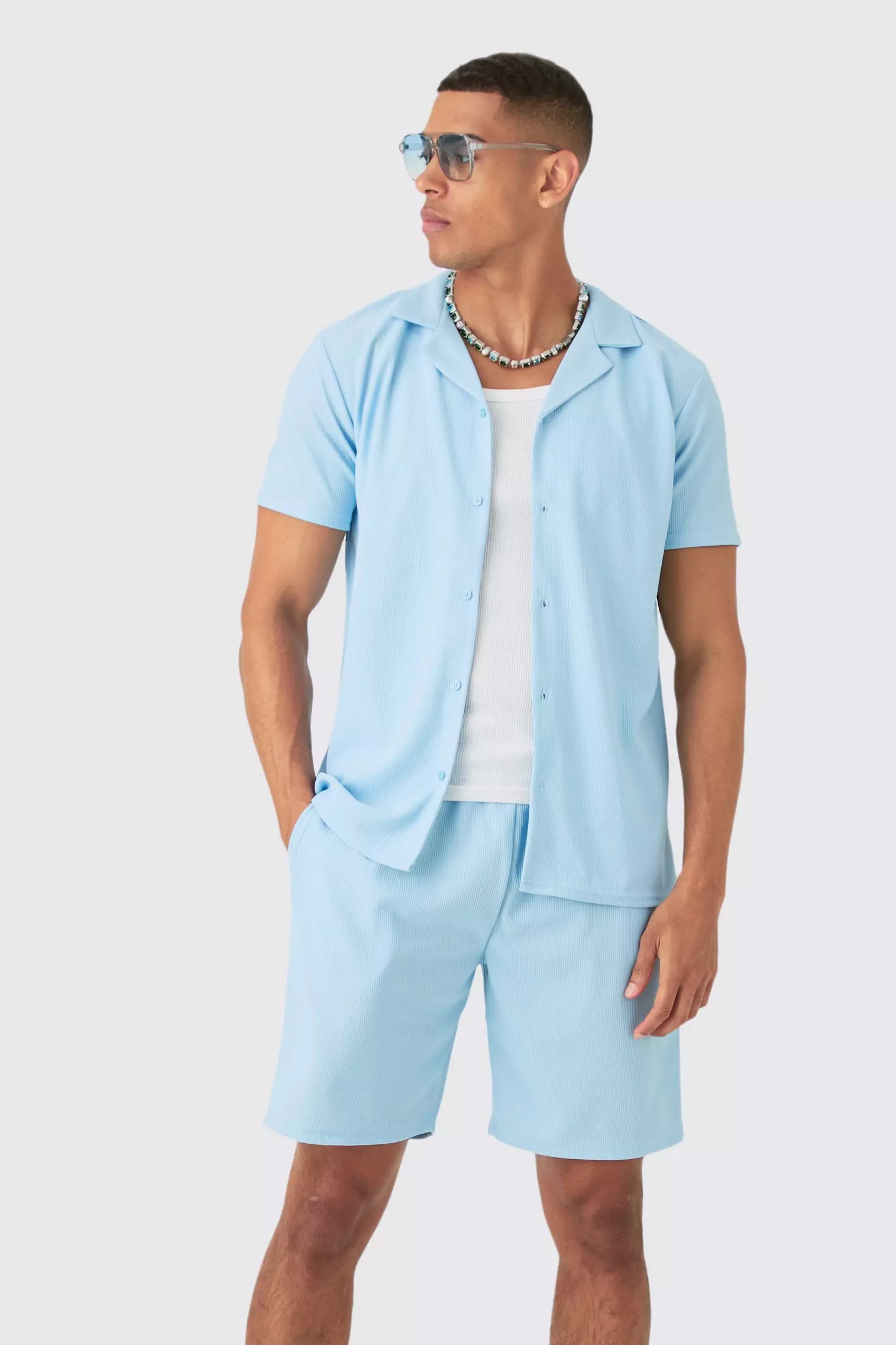 Light blue Regular Fit Short Sleeve Ribbed Shirt & Short Set alternative image